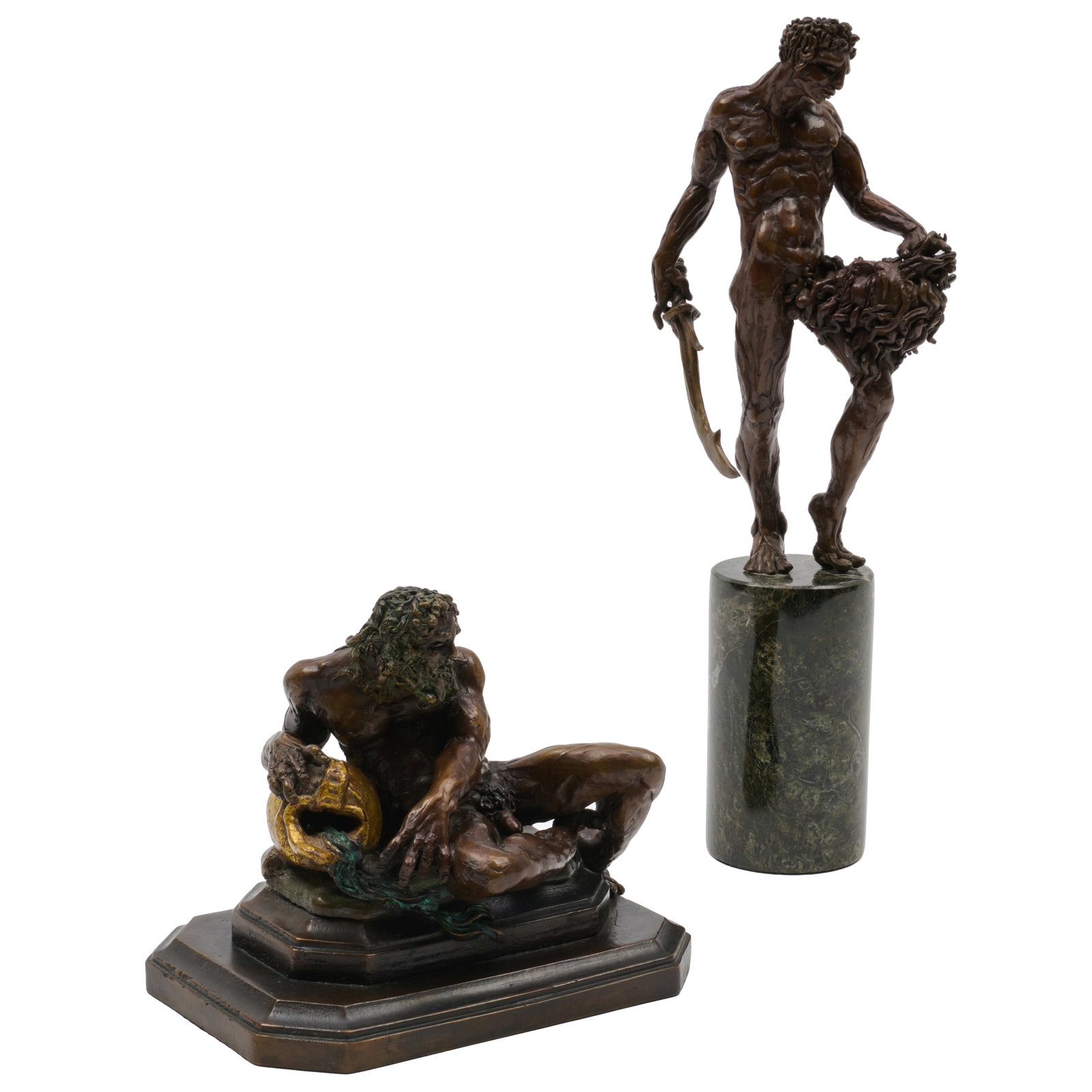 Campbell Glynn Paxton (b. 1948): Hermes Argeiphontes; and River God: Campbell Glynn Paxton (b. 1948): Hermes Argeiphontes; and River God Two bronze, both signed with initials ' CGP' at back, Hermes on a green marble base. 13 1/2 (height with base), and 6 x 7 x 5 in. Th