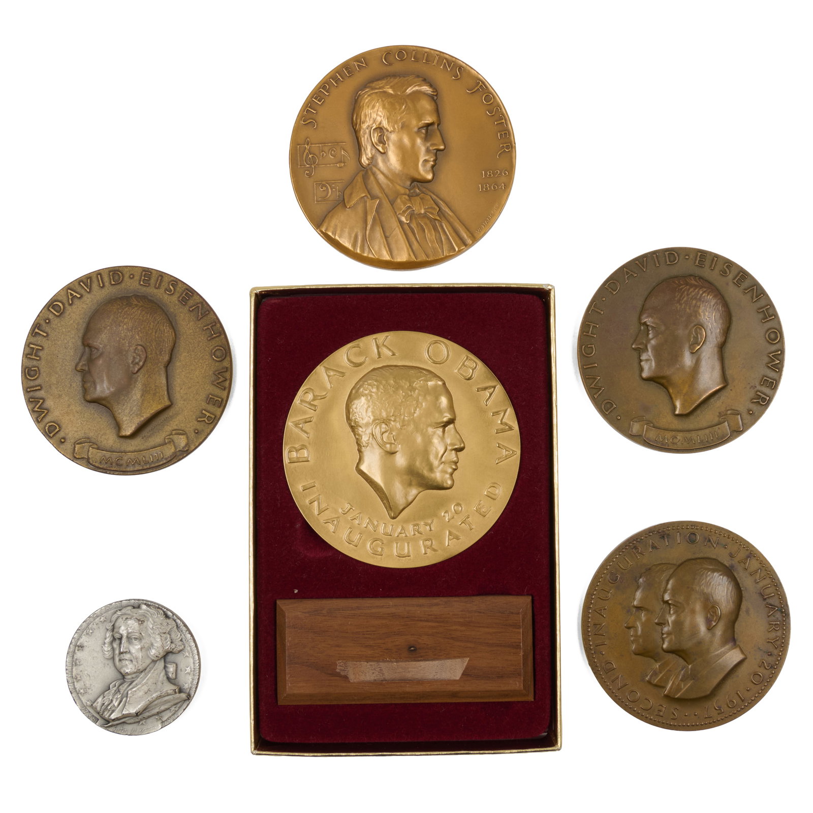 Group of Six Medallic Art Company Bronze and Silver Presidential Medals and Coins: Group of Six Medallic Art Company Bronze and Silver Presidential Medals and Coins Stamped marks.Comprising:Two bronze Dwight D. Eisenhower 1953 inauguration medals by Walker HancockA bronze Dwight D. 