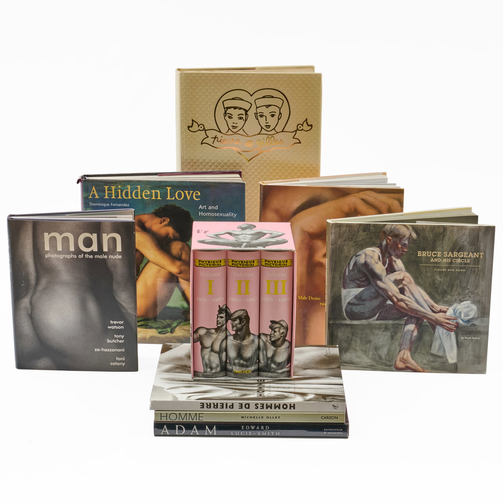 Group of Books on Queer Art and the Representation of the Male Figure: Group of Books on Queer Art and the Representation of the Male Figure Including: Physique Pictorial, Vil I-III; Man, by Trevor Watson; Homme de Pierre, by Veronique Willeman; Homme, by Michelle