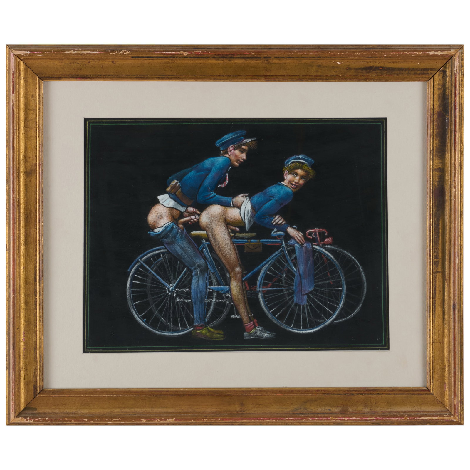 Gaston Goor (1902-1977): Bicycle Built for Two; and Leisure Time on the Grass: Gaston Goor (1902-1977): Bicycle Built for Two; and Leisure Time on the Grass Two colored chalk on paper, both unsigned. 9 1/2 x 12 1/2 in. (sheet), 15 3/4 x 19 in. (frame), and 10 1/2 x 14 in.