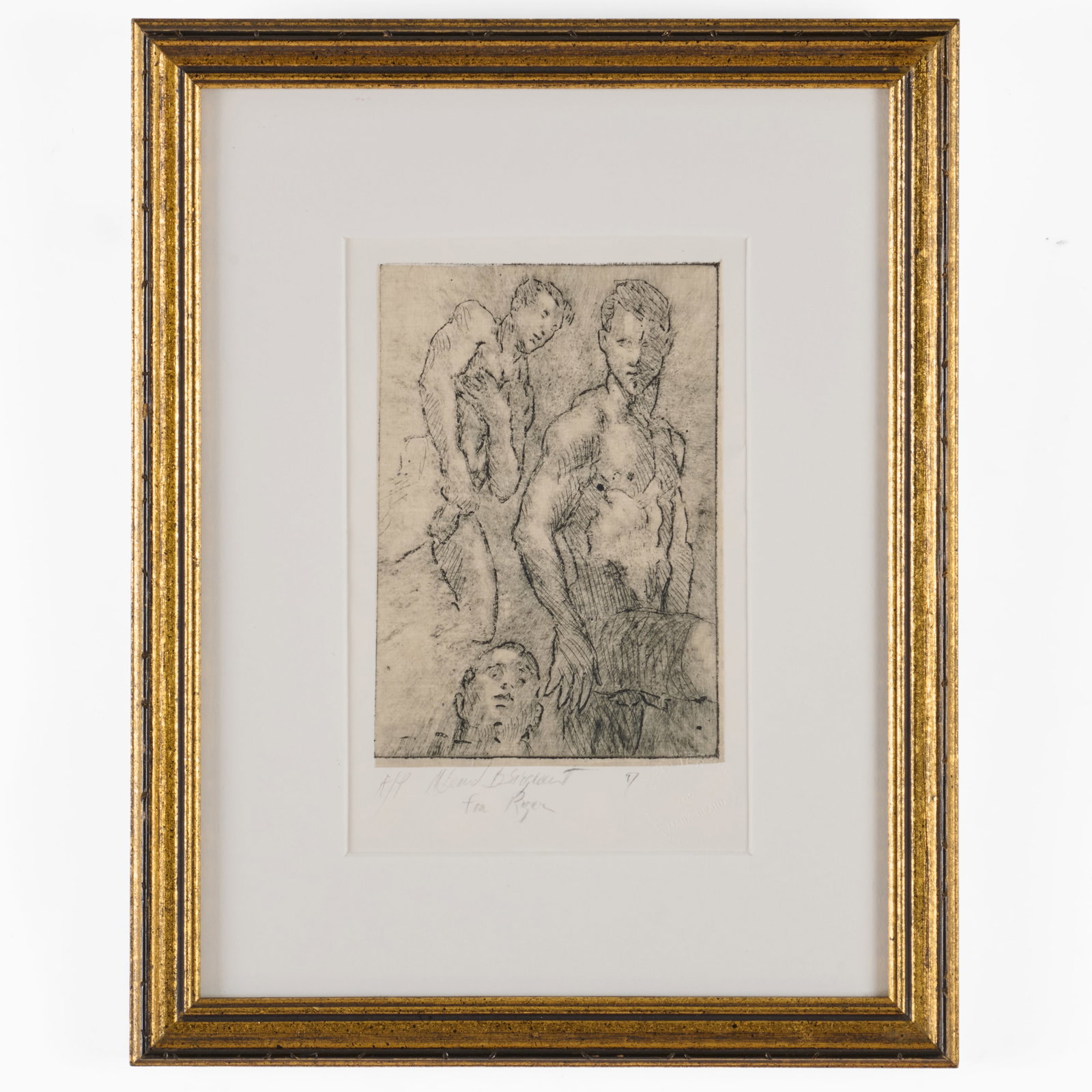 Mark beard (b.1956): Nude Study: Mark beard (b.1956): Nude Study Chalk on beige paper, 2002, signed 'Beard', dated and inscribed 'Congratulations on your wedding, 08, Roger & Jean Francois' and with the artist's studio blindstamp low