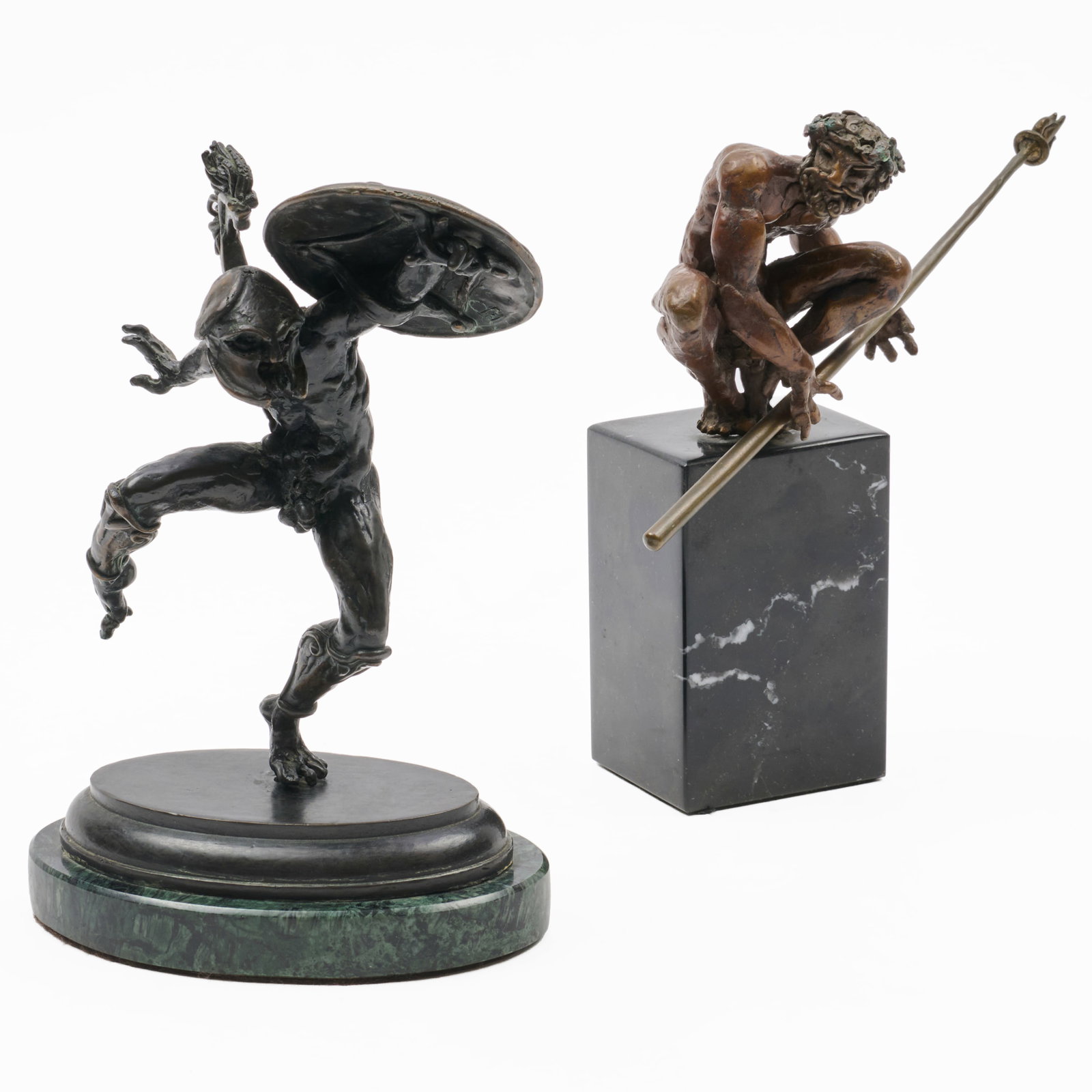 Campbell Glynn Paxton (b.1948): Zeus Behind the Storm Cloud; and Warrior: Campbell Glynn Paxton (b.1948): Zeus Behind the Storm Cloud; and Warrior Two bronze, signed with initials 'CGP' lower back and under the shield respectively, both on stone bases. 8 in. (height with ba