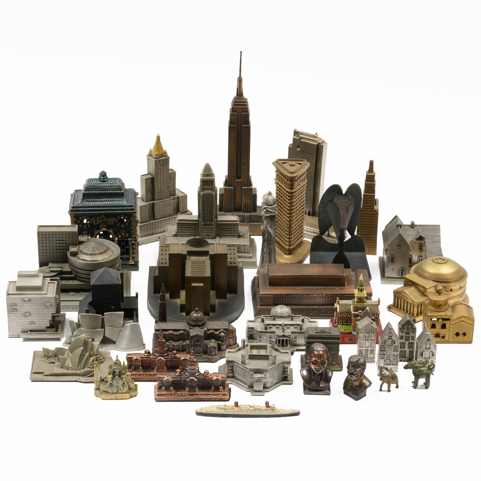 Collection of Metal Buildings and Ephemera: Collection of Metal Buildings and Ephemera Various metals and resins.The largest 10 7/8 x 3 3/4 x 2 in. (44 pcs). The Collection of Roger S. Wieck and Jean-Francois Vilain: Sold to Benefit The Morgan