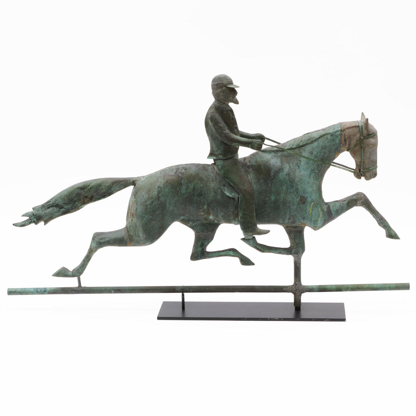 Molded Sheet Copper and Cast Zinc 'Dexter with Jockey' Weathervane, Attributed to J.W. Fiske, New: Molded Sheet Copper and Cast Zinc 'Dexter with Jockey' Weathervane, Attributed to J.W. Fiske, New York On custom stand.20 1/2 x 35 x 5 in. (overall). Steve Miller, New York, NY, October 1994. Property