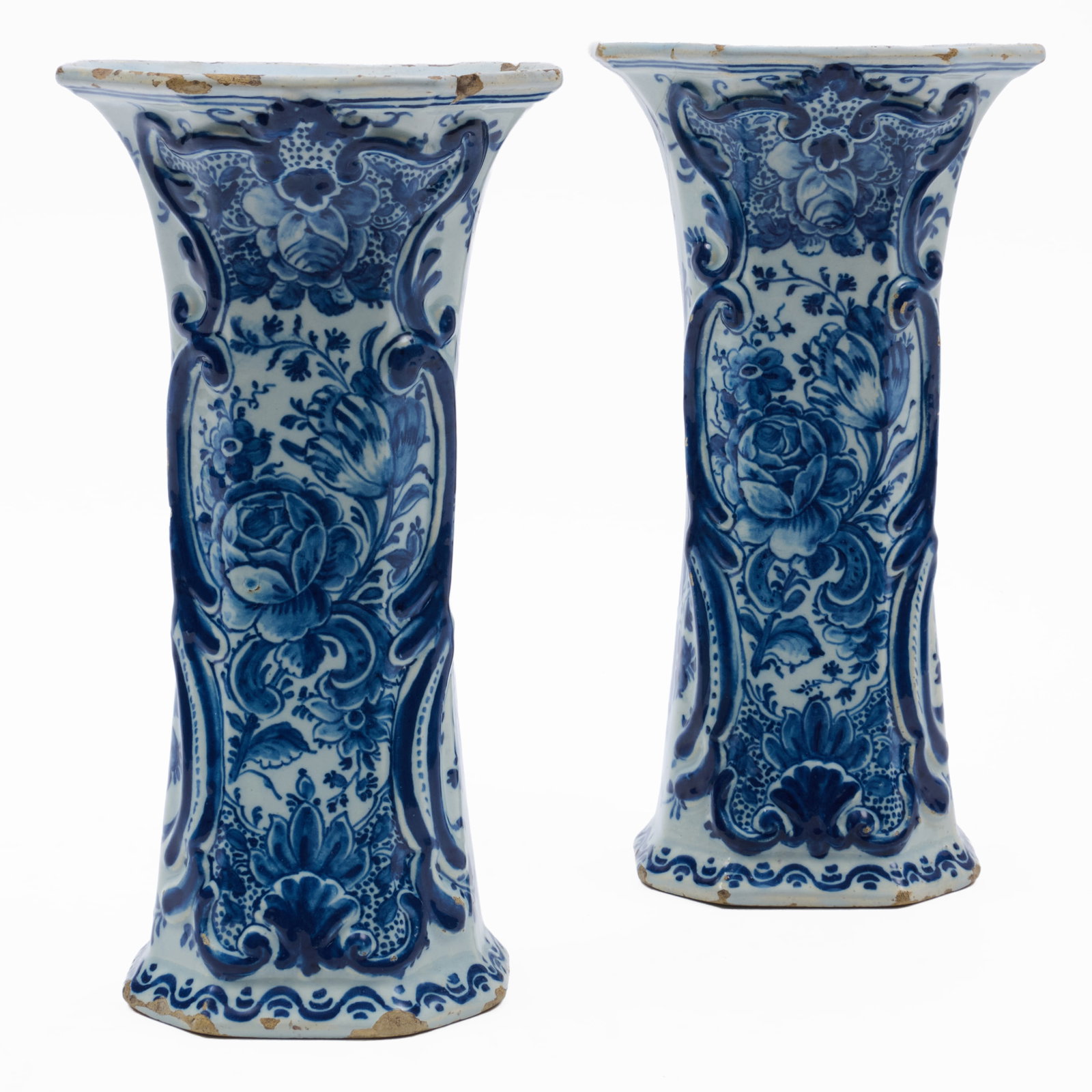 Pair of Blue and White Delft Vases: Pair of Blue and White Delft Vases Blue painted mark.10 1/2 x 5 /12 x 5 in.