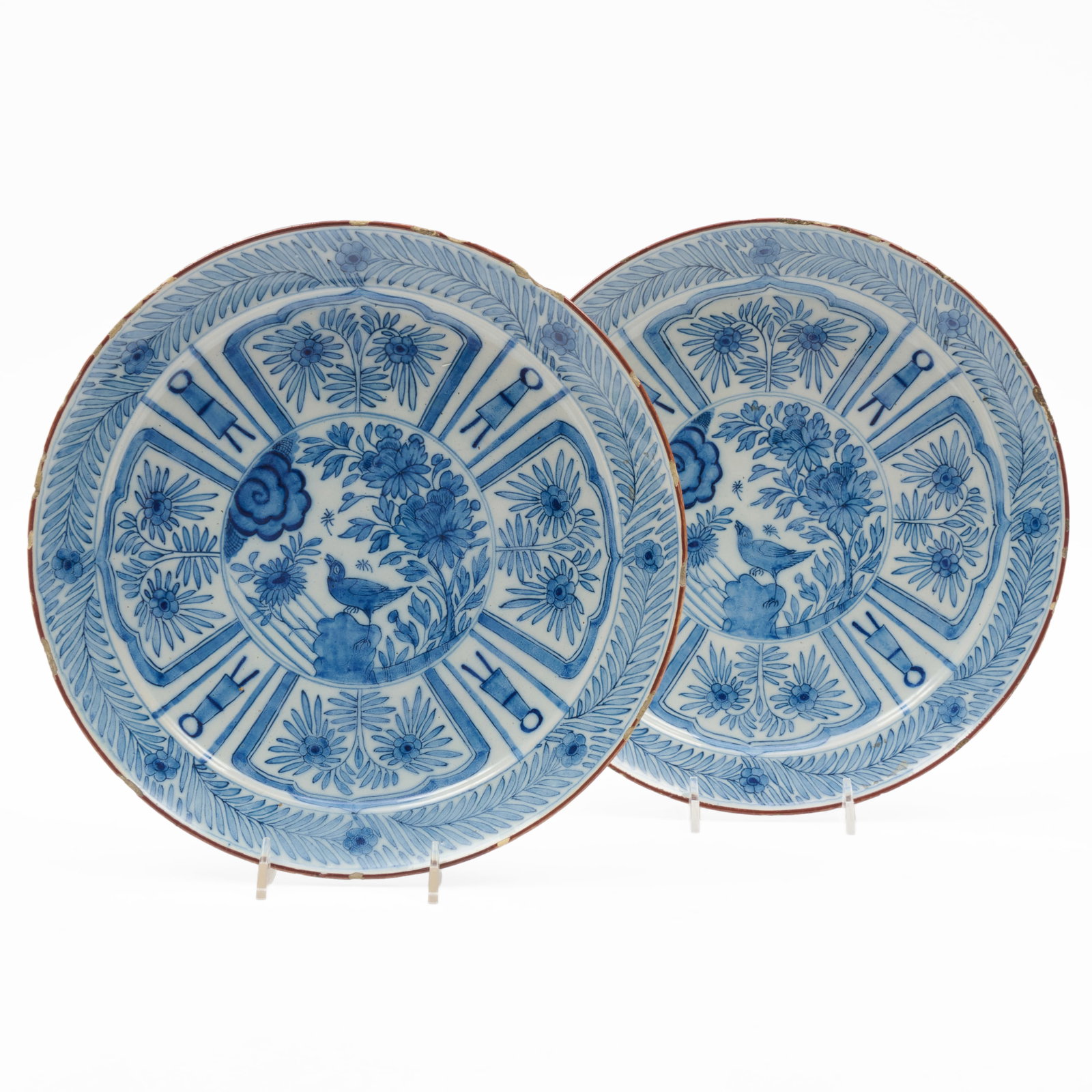 Pair of Blue and White Delft Dishes: Pair of Blue and White Delft Dishes Blue painted mark.10 in. diam.