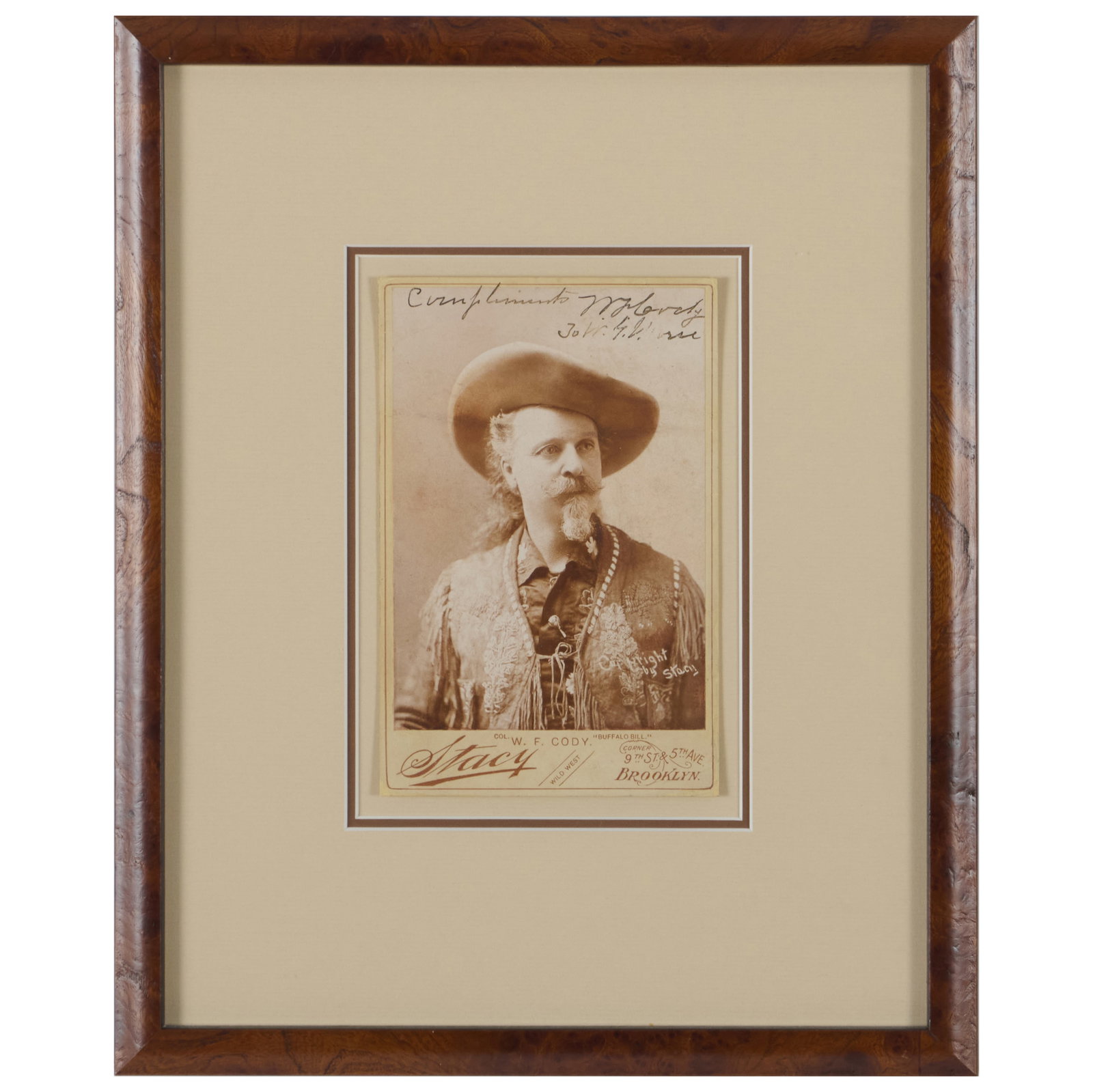 William Frederick 'Buffalo Bill' Cody Signed Cabinet Photograph: William Frederick 'Buffalo Bill' Cody Signed Cabinet Photograph Fountain pen on cabinet card; mounted in frame.The card 6 1/2 x 4 1/4 in., 13 1/4 x 10 3/4 in. (frame). Property from the Estate of Dr.