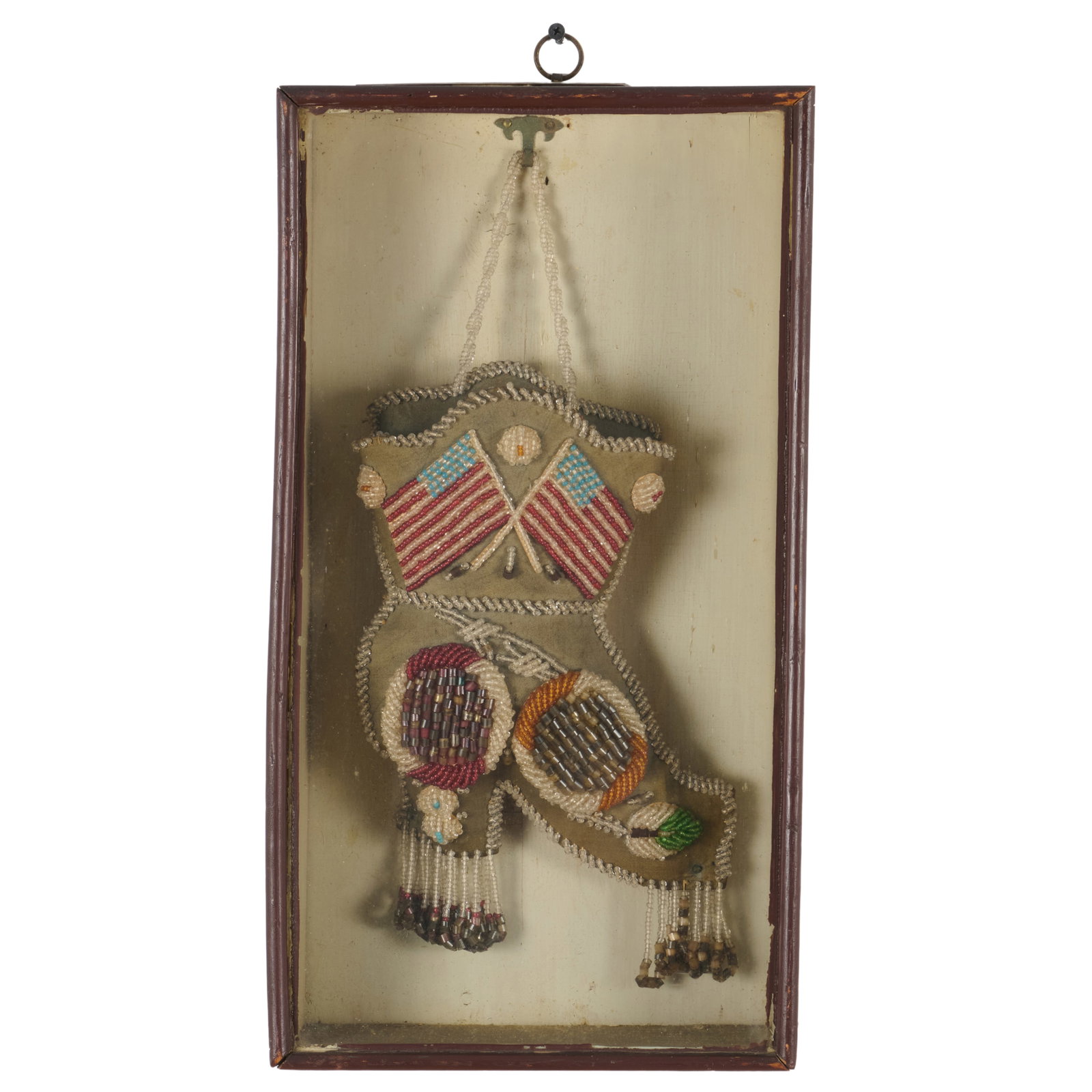 Native American Patriotic Beadwork Boot in Shadowbox, Possibly Iroquois: Native American Patriotic Beadwork Boot in Shadowbox, Possibly Iroquois 18 x 10 x 3 1/2 in. Collection of Lee B. Anderson, 35 Stuyvesant St., NYC.