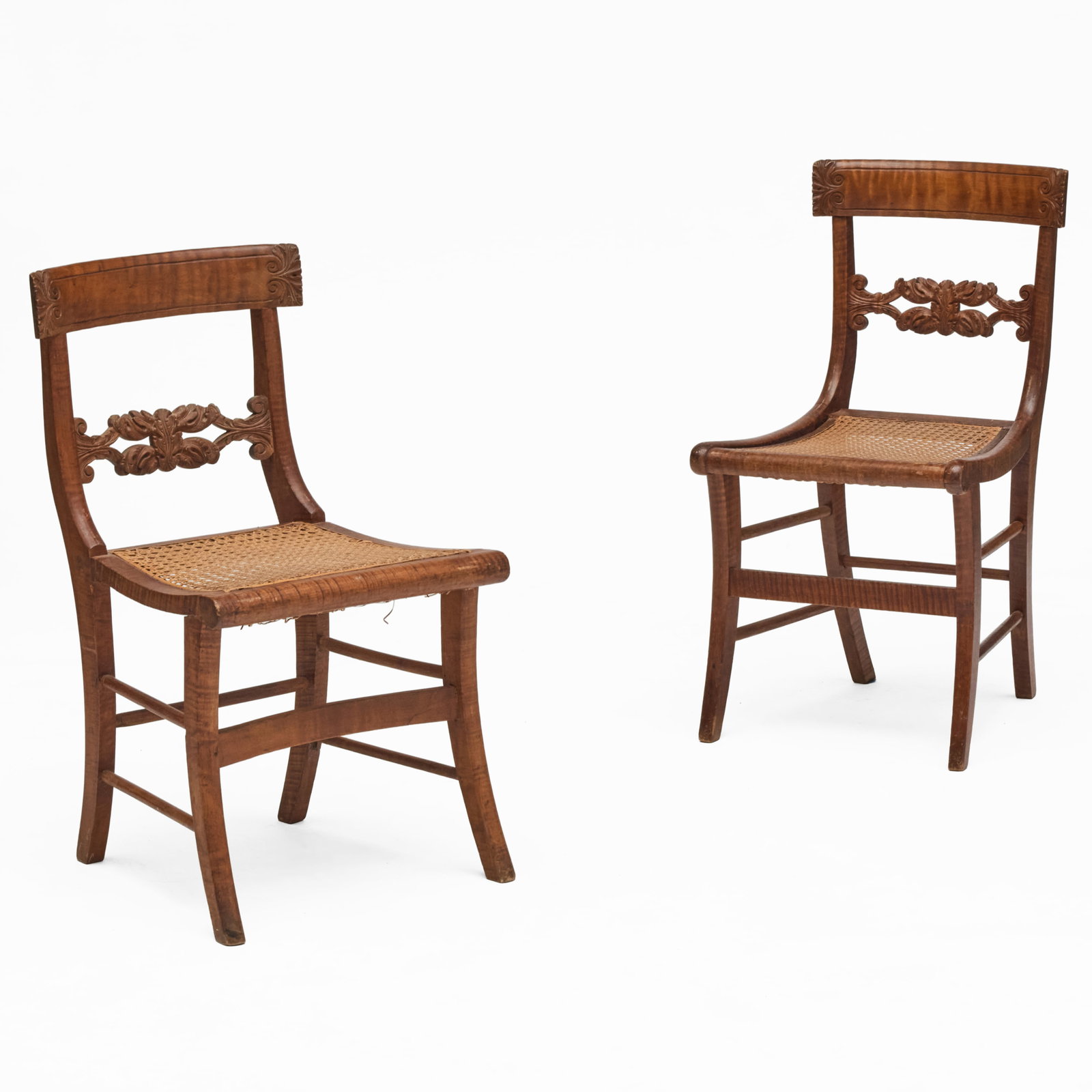 Pair of Federal Tiger Maple Caned Side Chairs, New York: Pair of Federal Tiger Maple Caned Side Chairs, New York 31 3/4 x 17 1/2 x 18 3/ 4 in., seat height 17 1/4 in.