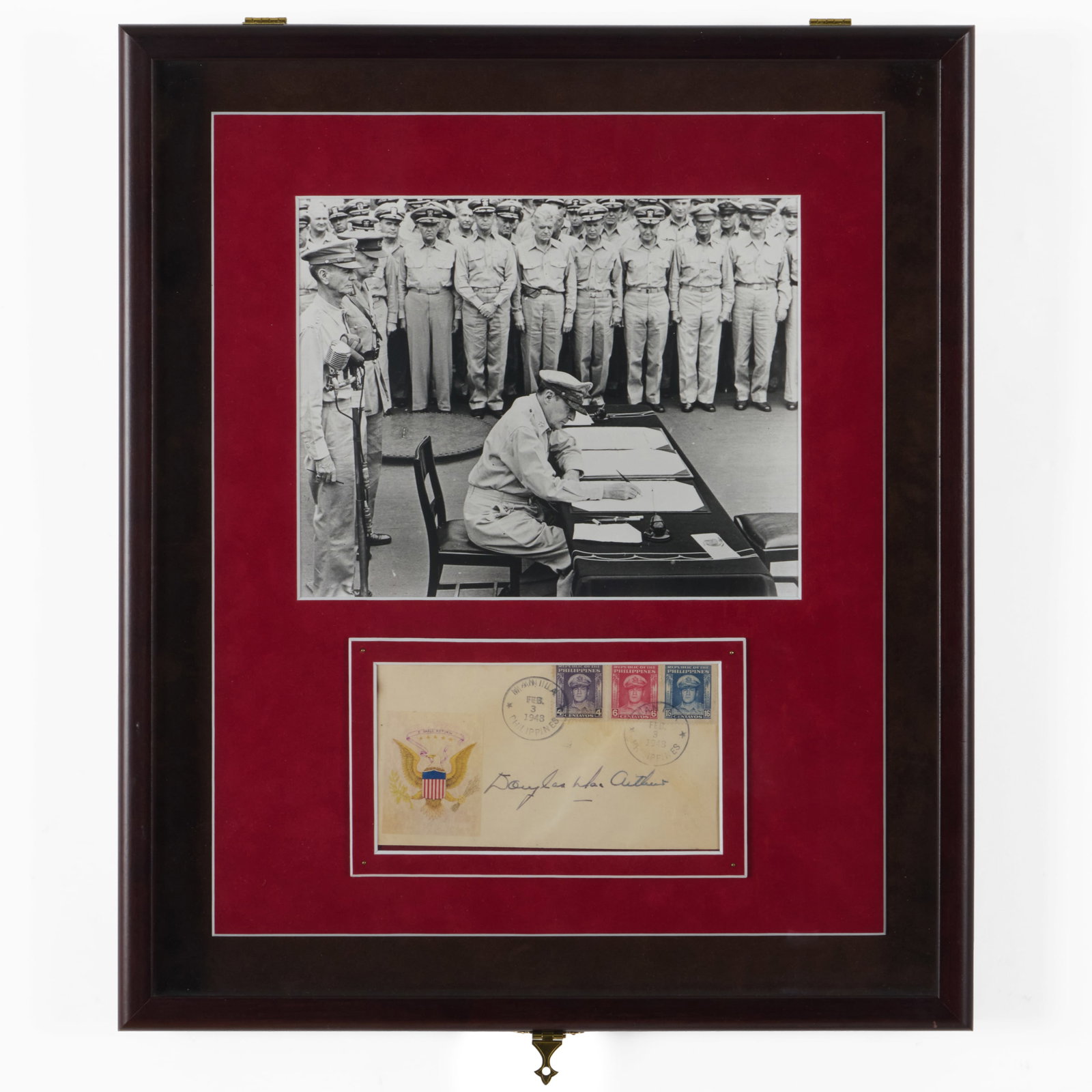 General Douglas MacArthur Signed Philippines Stamp First Day Cover with Photograph During the: General Douglas MacArthur Signed Philippines Stamp First Day Cover with Photograph During the Japanese Surrender Ceremony Aboard the USS Missouri Fountain pen signature 'Douglas MacArthur' on an