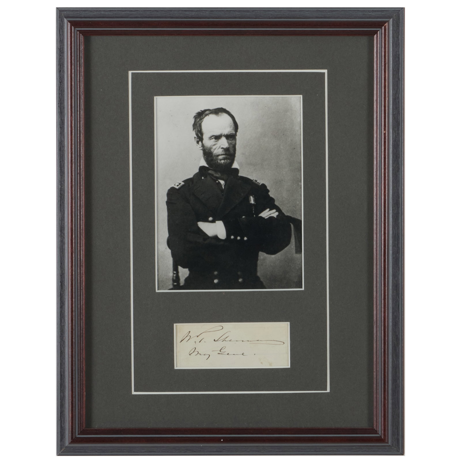 General William Tecumseh Sherman Signature with a Photograph: General William Tecumseh Sherman Signature with a Photograph Fountain pen signature 'W.T. Sherman, Maj. Genl.' on paper; mounted in a frame.The signature 1 1/4 x 3 1/4 in. (sight), the photograph 5