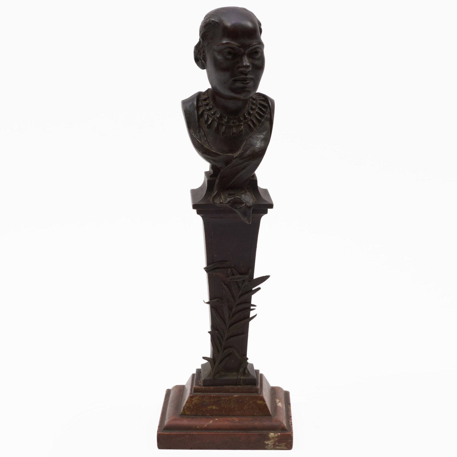 Attributed to Charles Cordier (1827-1905): Bust of a Woman: Attributed to Charles Cordier (1827-1905): Bust of a Woman Bronze on a red marble base, unmarked. 12 1/2 x 3 1/2 x 4 in., with base. Collection of Lee B. Anderson, 35 Stuyvesant St., NYC.