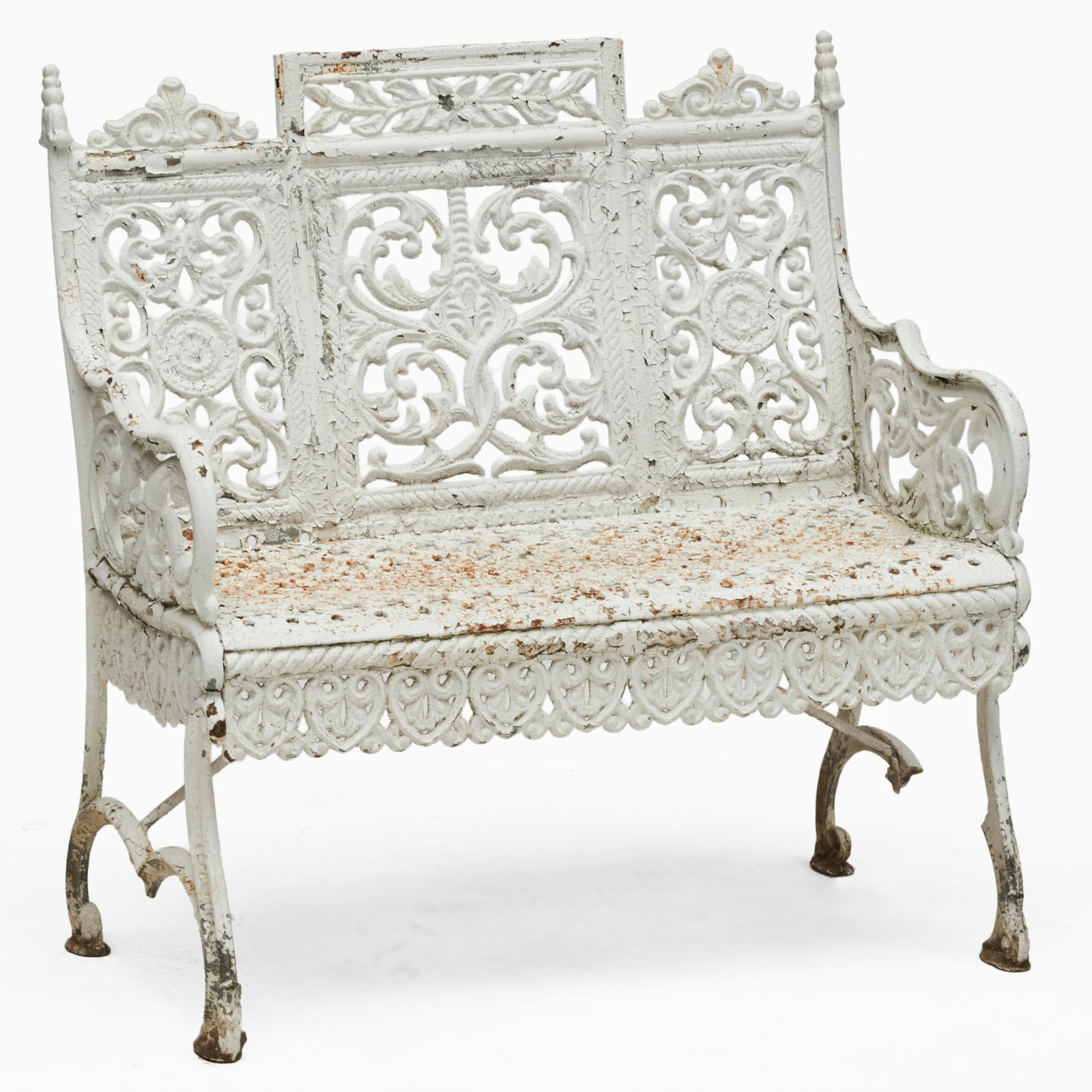 English White Painted Cast-Iron Garden Seat: English White Painted Cast-Iron Garden Seat 34 1/4 x 33 1/4 x 18 1/2 in., seat height 16 1/4 in. Property from the Estate of Dr. Lawrence Gordon, NY