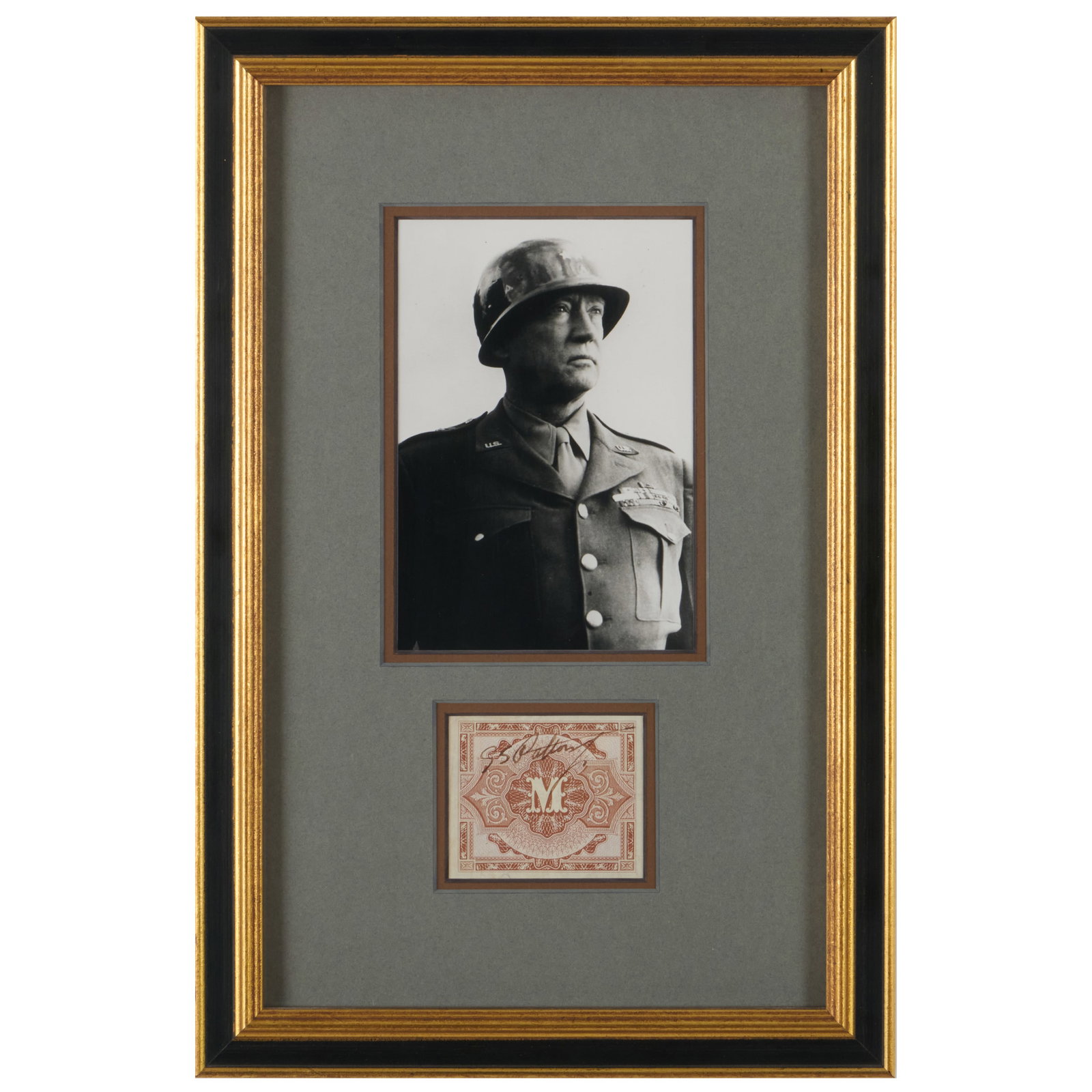 General George S. Patton Signed 1944 WWII Allied Military Currency of One German Mark with: General George S. Patton Signed 1944 WWII Allied Military Currency of One German Mark with Photograph Fountain pen signature 'G.S. Patton' on currency; mounted in frame.The signature 2 1/2 x 2 7/8