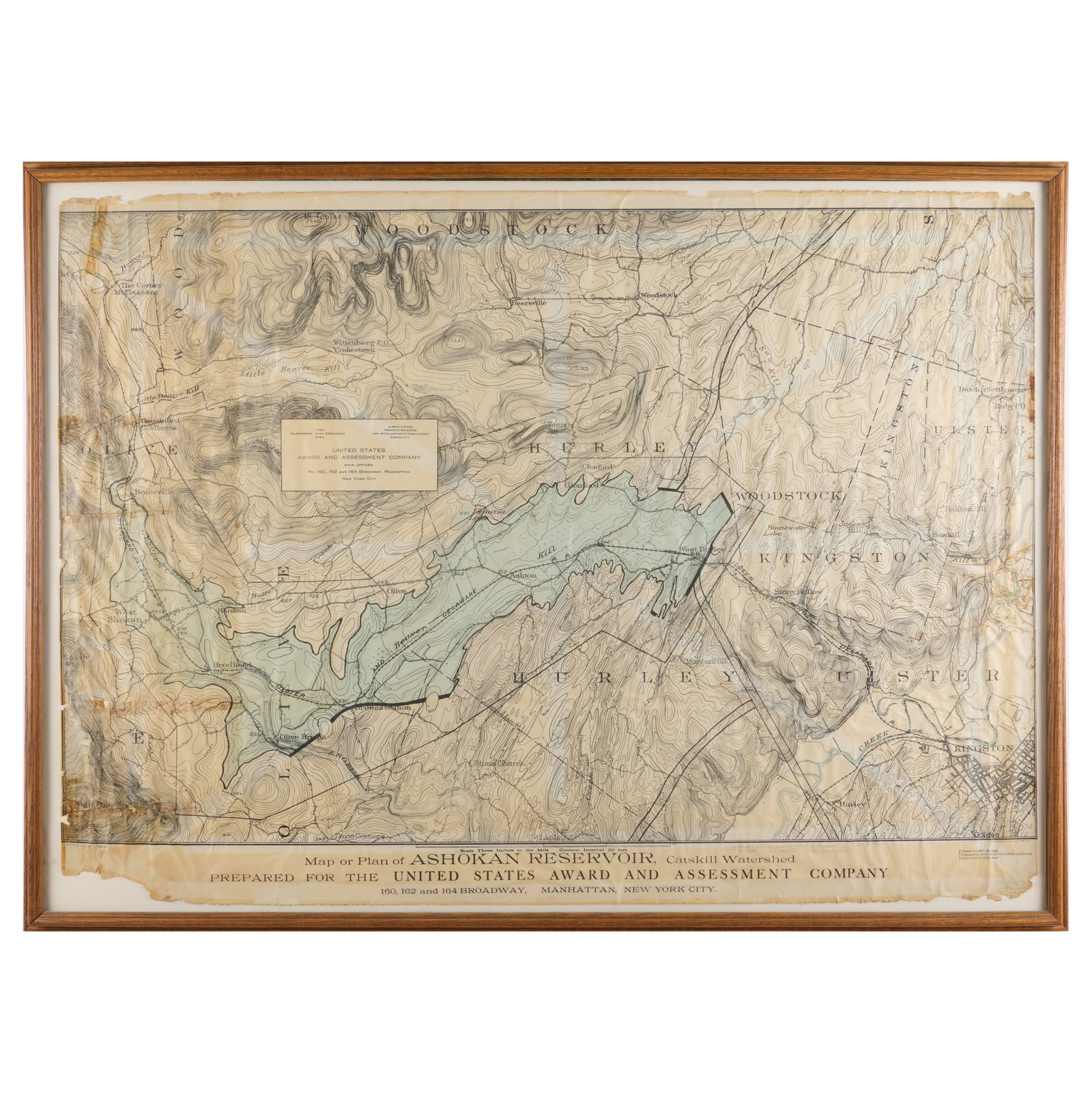 Map of Ashokan Reservoir, Ulster County: Map of Ashokan Reservoir, Ulster County Lithograph in black and blue on thin wove paper, 1906. 34 x 45 in. (sheet), 37 x 49 1/2 in. (frame).