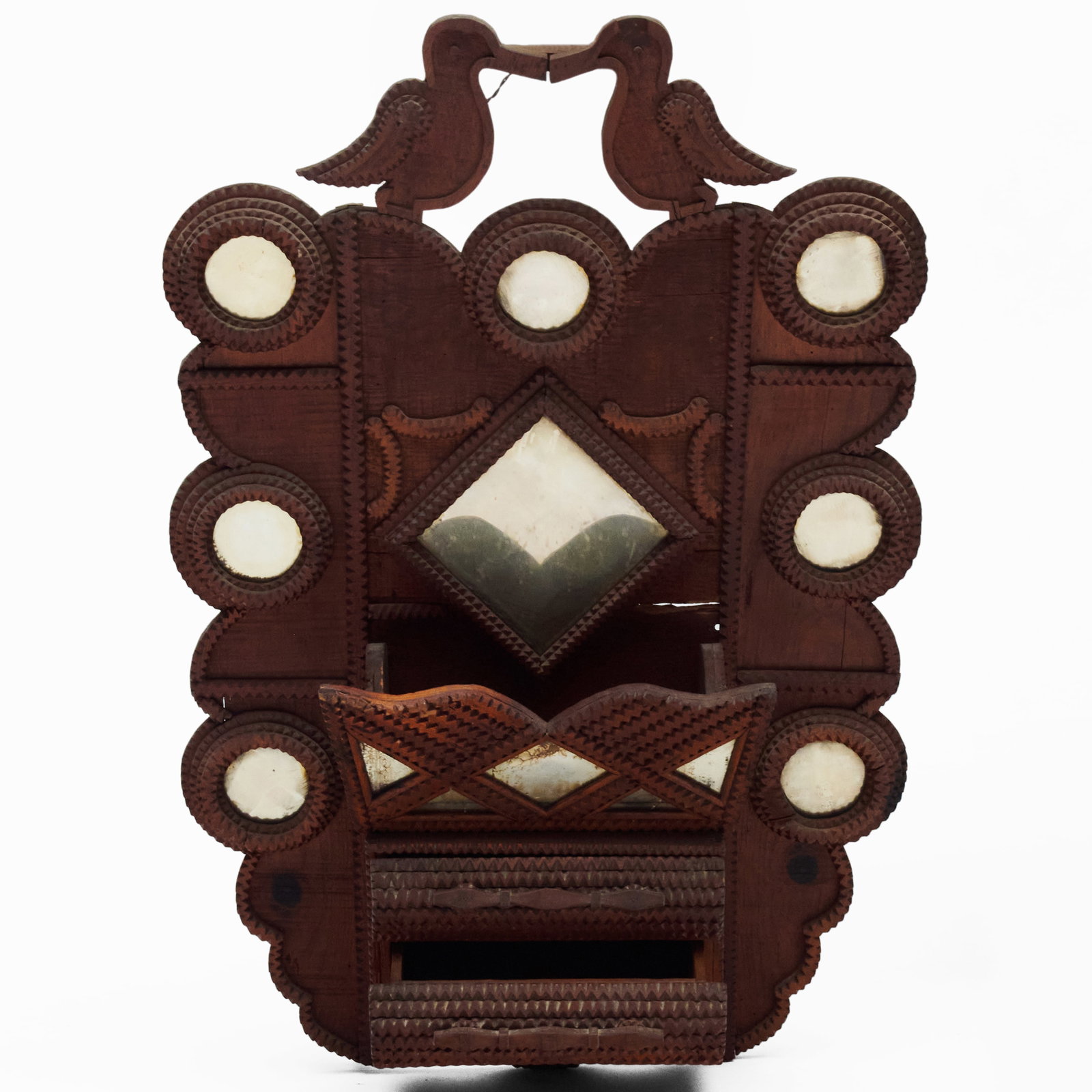 Tramp Art Mirror Catch All with Birds: Tramp Art Mirror Catch All with Birds With two drawers.33 x 22 x 8 in. Collection of Lee B. Anderson, 35 Stuyvesant St., NYC.