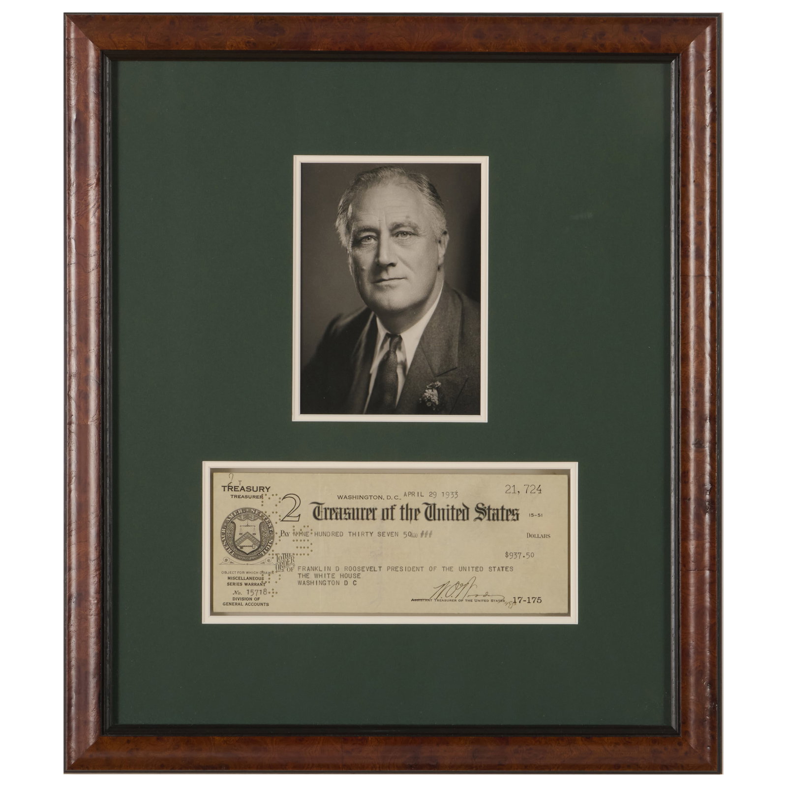 Check Issued to Franklin D. Roosevelt from the US Treasury, Possibly the First Paycheck for his: Check Issued to Franklin D. Roosevelt from the US Treasury, Possibly the First Paycheck for his Presidency with Photograph Printed ink on paper; mounted in frame.The check 3 1/4 x 8 1/4 in. (sight), t