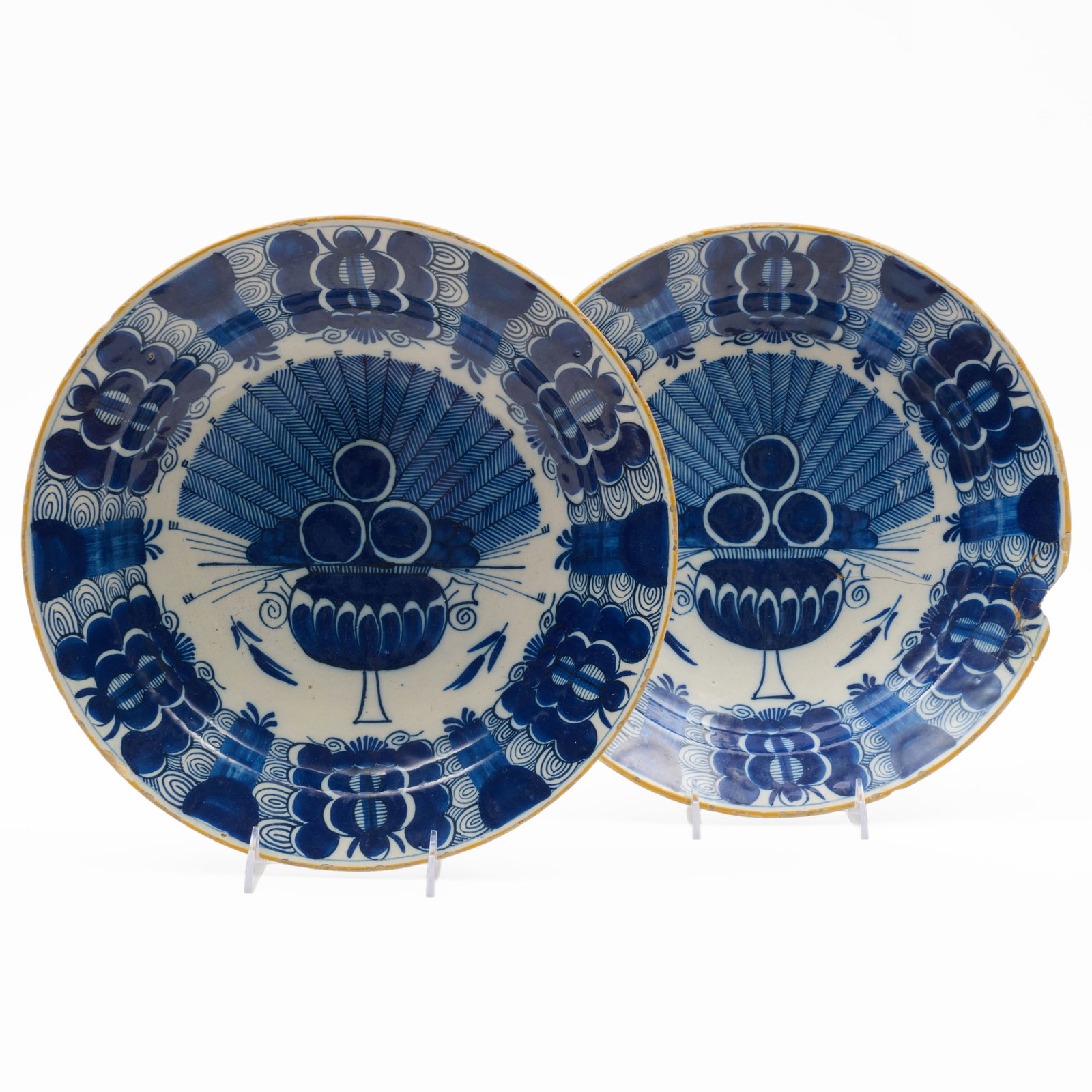 Pair of Delft Blue and White Peacock Dishes: Pair of Delft Blue and White Peacock Dishes Blue painted mark.13 1/2 in. diam.