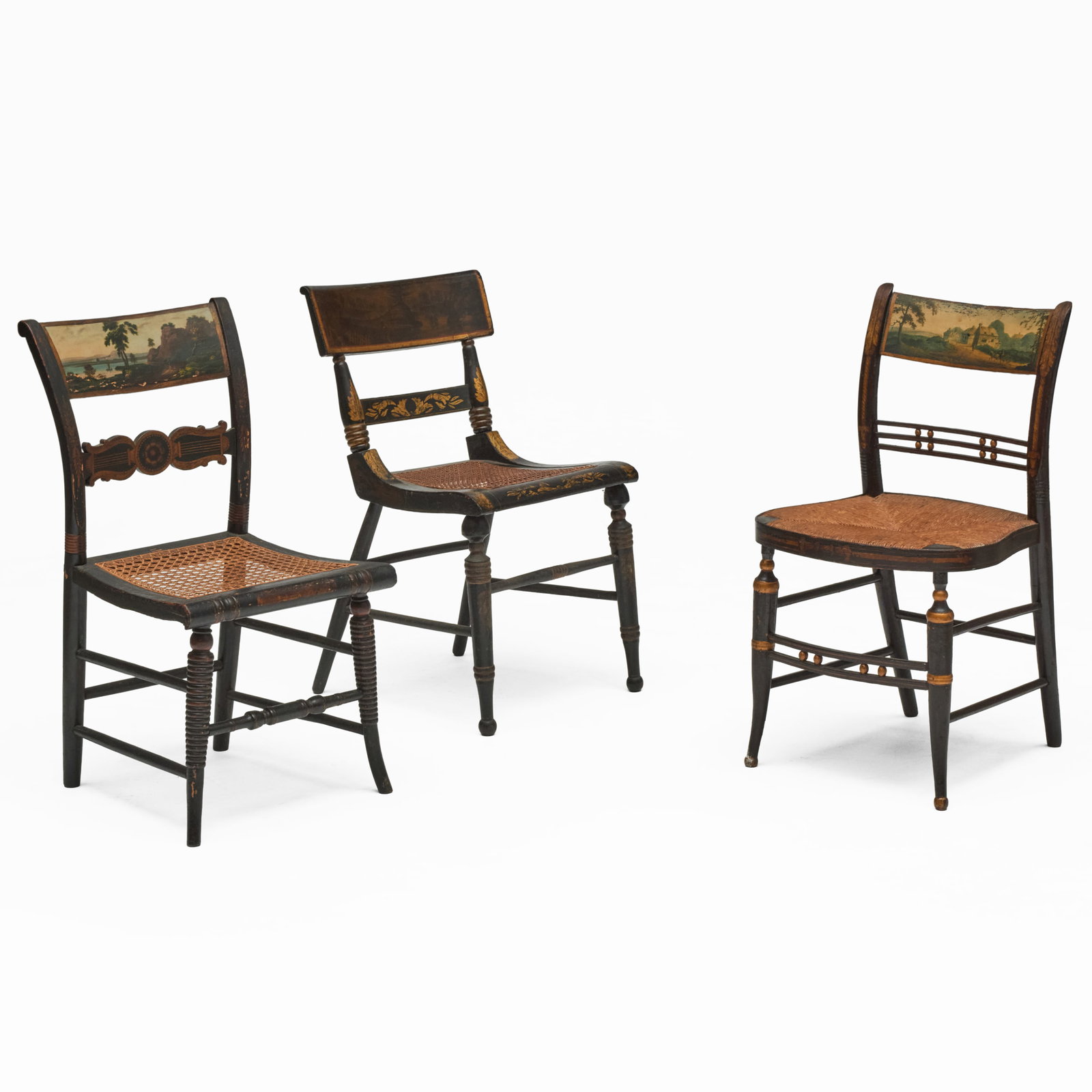 Group of Three Federal Ebonized Rush and Caned Side Chairs with Painted Backs (1 of 10)