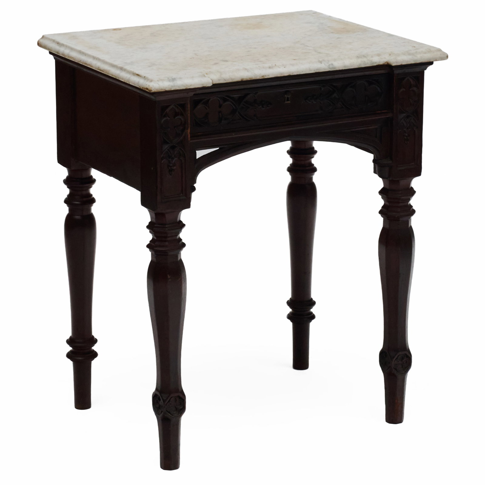 Gothic Revival Carved Walnut Marble Top Single Drawer Stand (1 of 9)