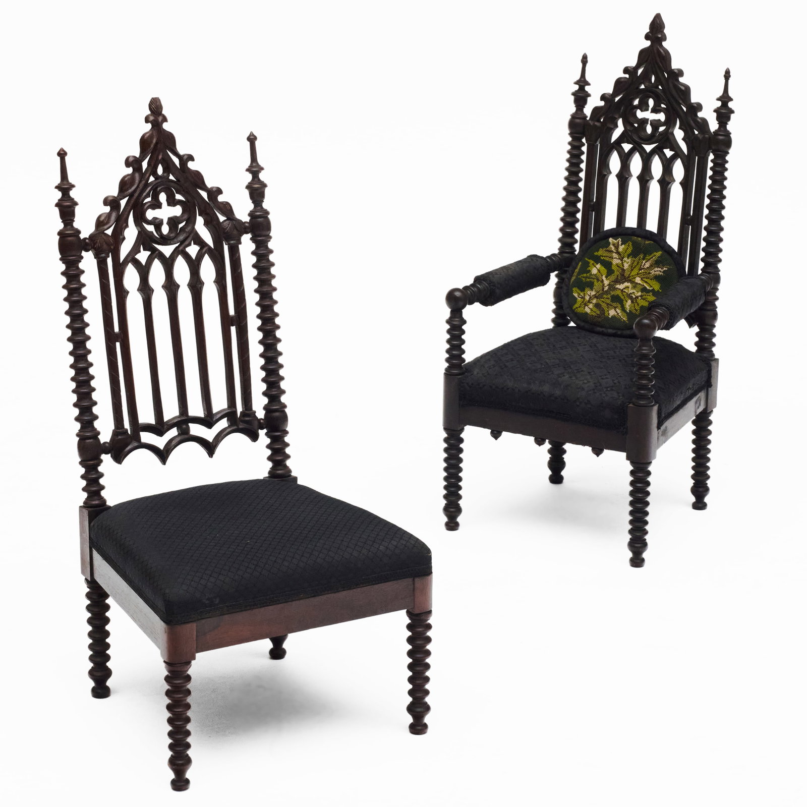 Two Gothic Revival Carved and Painted Rosewood Child's Chairs: Two Gothic Revival Carved and Painted Rosewood Child's Chairs With horsehair upholstery.The armchair 32 x 14 1/2 x 13 in., seat height 12 in.The side chair 32 1/2 x 15 1/2 x 14 in., seat height 11