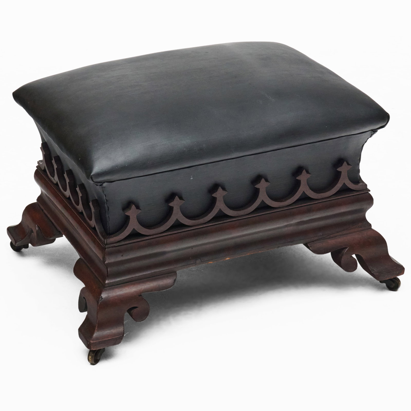 Large Gothic Revival Carved Flame Mahogany Tuffet: Large Gothic Revival Carved Flame Mahogany Tuffet 19 x 29 x 23 in. Collection of Lee B. Anderson, 35 Stuyvesant St., NYC.