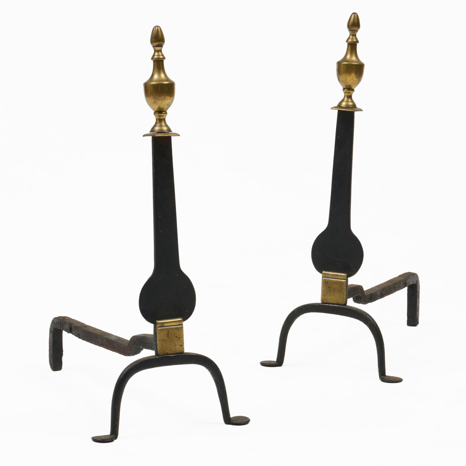 Pair of American Cast Iron and Brass Knifeblade Andirons: Pair of American Cast Iron and Brass Knifeblade Andirons 21 x 15 x 9 in.