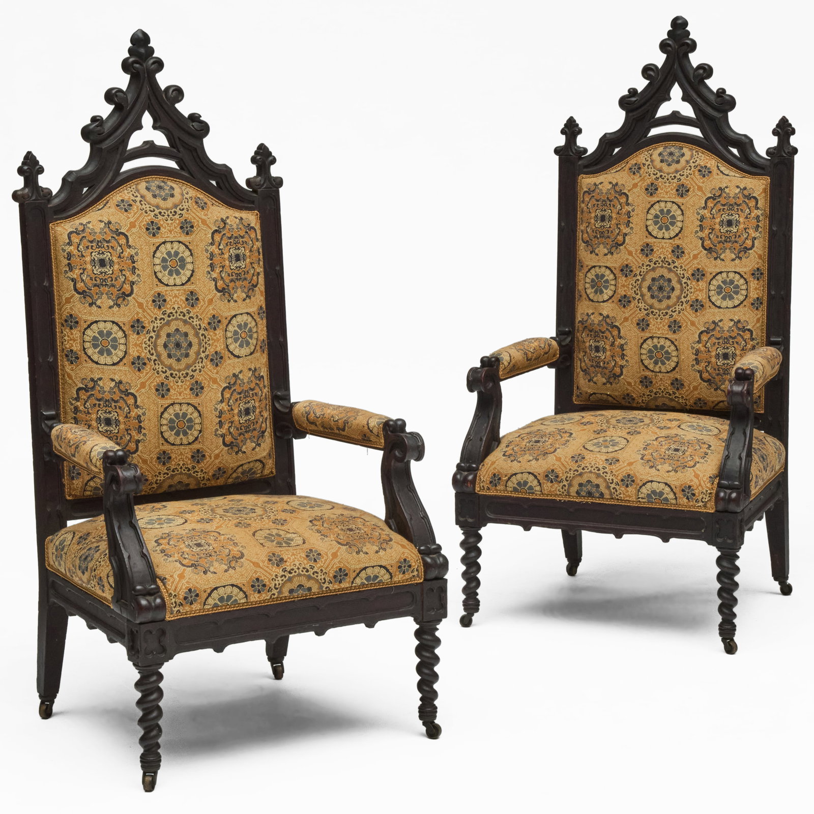Pair of Gothic Revival Carved Ebonized and Upholstered Armchairs (1 of 7)