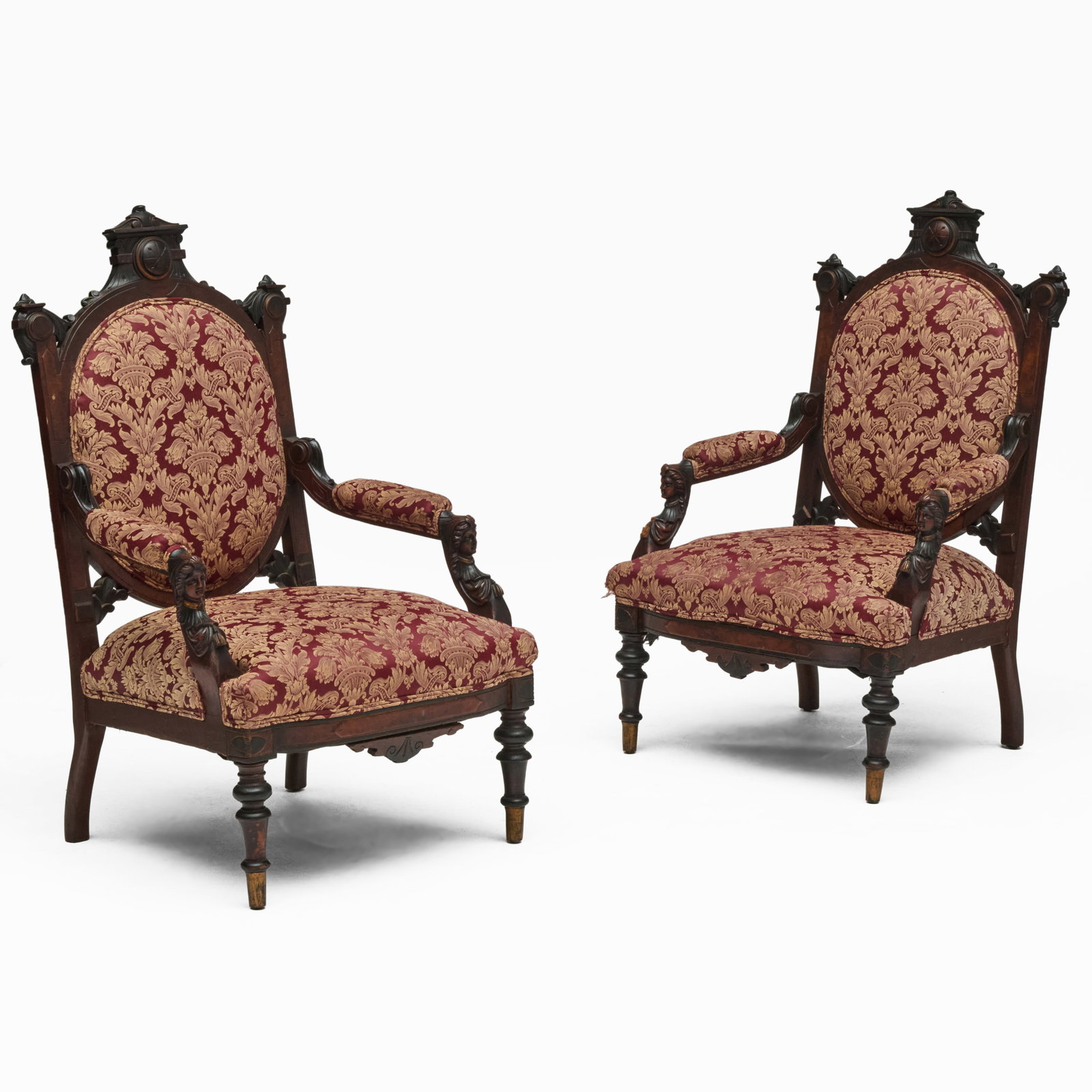 Pair of Carved Mahogany and Parcel-Ebonized Armchairs in the Manner of John Jelliff (1 of 7)