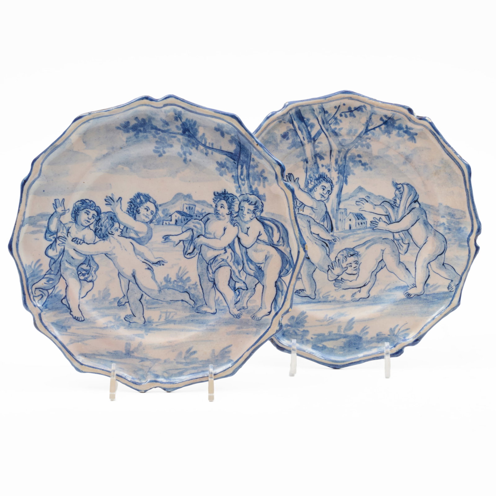 Pair of Italian Faience Blue and White Dishes with Putto (1 of 7)