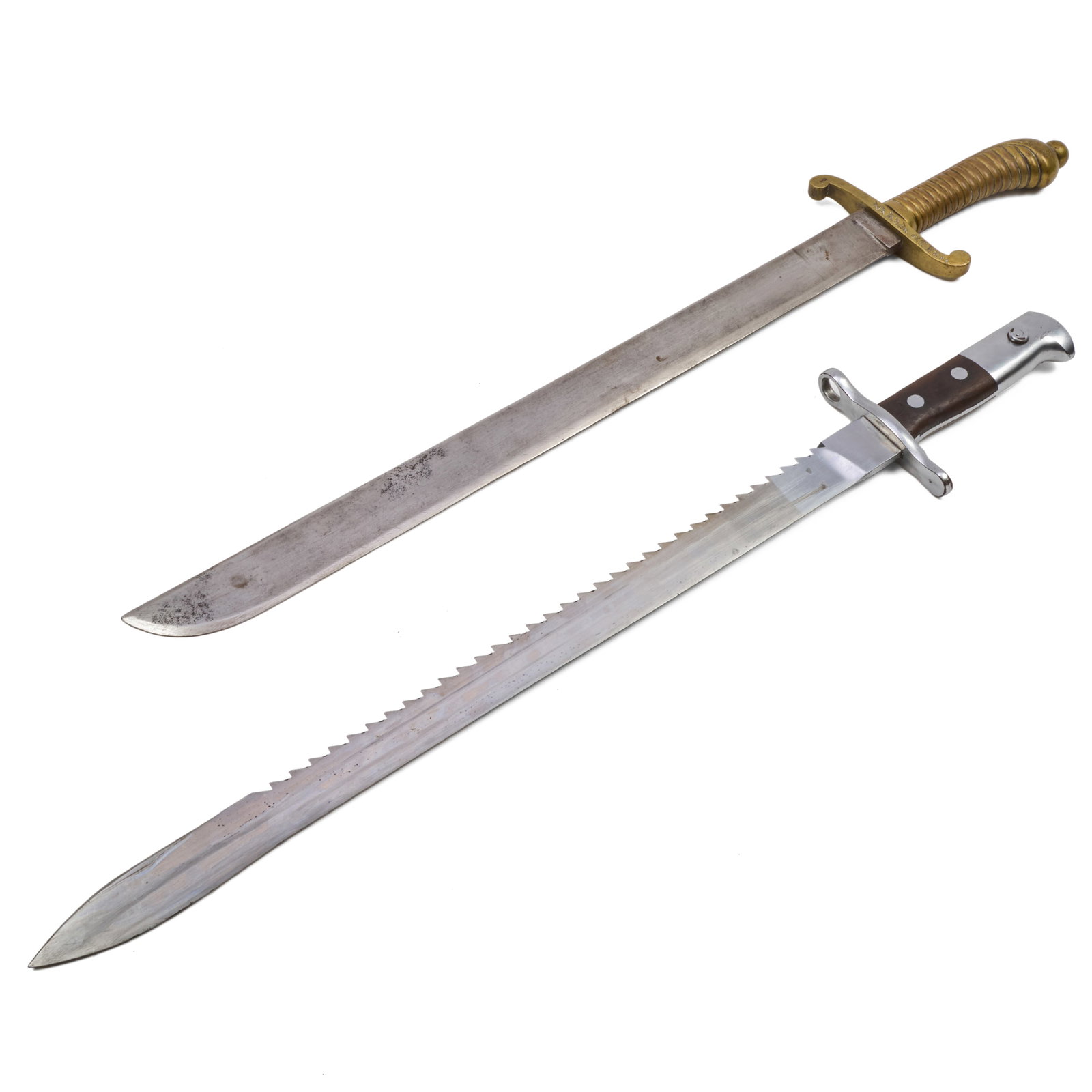 German Short Sword and a Swiss Bayonet: German Short Sword and a Swiss Bayonet The first a German (Saxon) Faschinenmesser, model 1840, Royal Cypher for Frederick Auguste II of Saxony; the second a Swiss Waffenfabrik Neuhausen saw back bayon