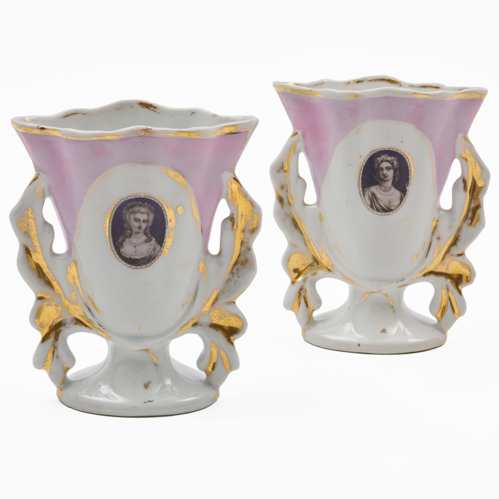 Pair of Pink Ground and Gilt Porcelain Spill Vases, Probably American: Pair of Pink Ground and Gilt Porcelain Spill Vases, Probably American Impressed marks.6 3/4 x 6 x 3 1/4 in. Property from the Thomas Cole National Historic Site, Sold to Benefit the Acquisitions Fund.