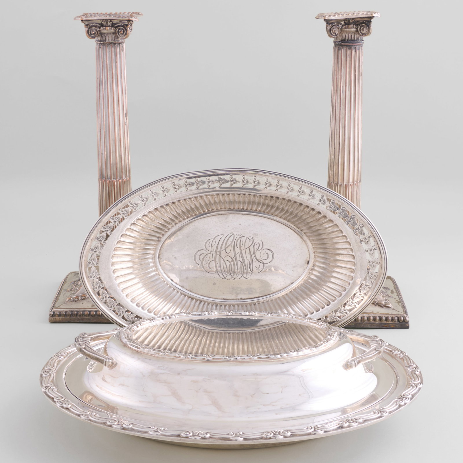 Group of Silver and Silverplate Table Articles: Group of Silver and Silverplate Table Articles Comprising:A Bailey, Banks and Biddle pierced silver serving basket, marked 'Sterling'A Gorham silver plate vegetable dish and coverA pair of silverplate