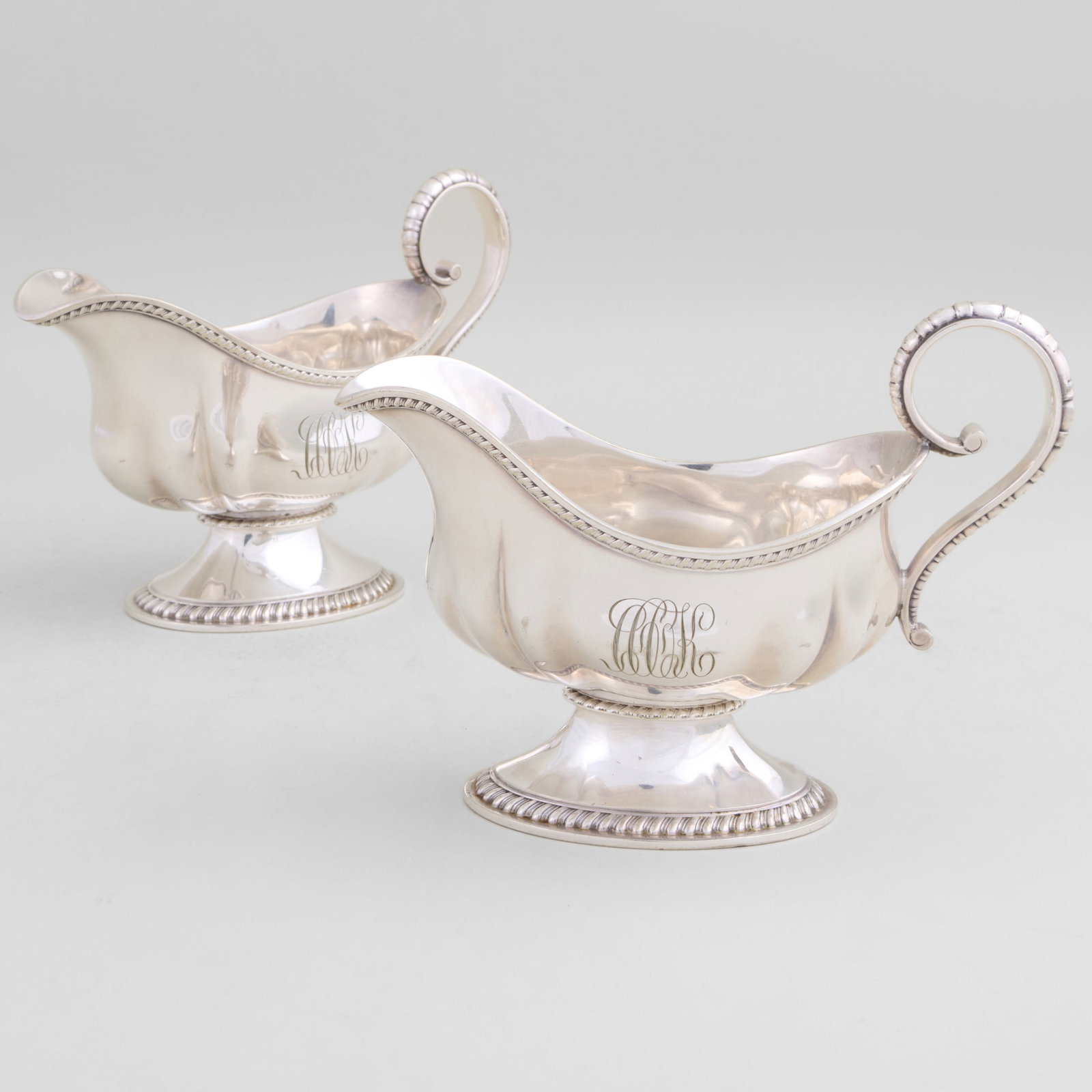 Pair of Tiffany & Co. Silver Sauce Boats: Pair of Tiffany & Co. Silver Sauce Boats Marked 'Sterling', monogrammed. 5 1/4 x 7 1/8 x 3 3/8 in., 20.2 oz. approx. weight. The Miller Family Collection, Pittsfield, MA.