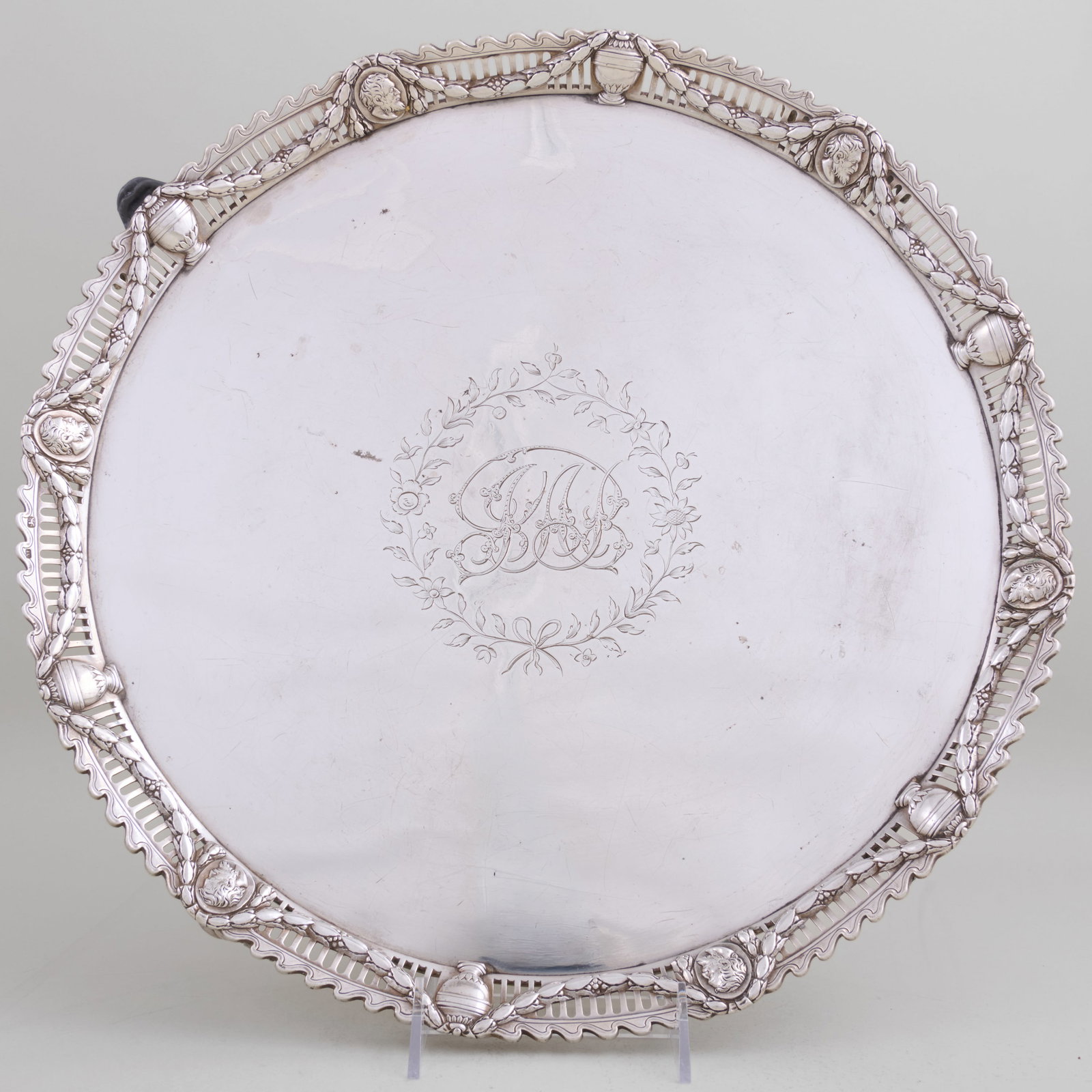 George III Silver Circular Tray: George III Silver Circular Tray Marked London, 1765, maker's mark possibly for John Cox; monogrammed.1 3/4 x 15 3/4 in. diam., 66.8 oz. approx. weight Property from the Munson Museum of Art, Utica,
