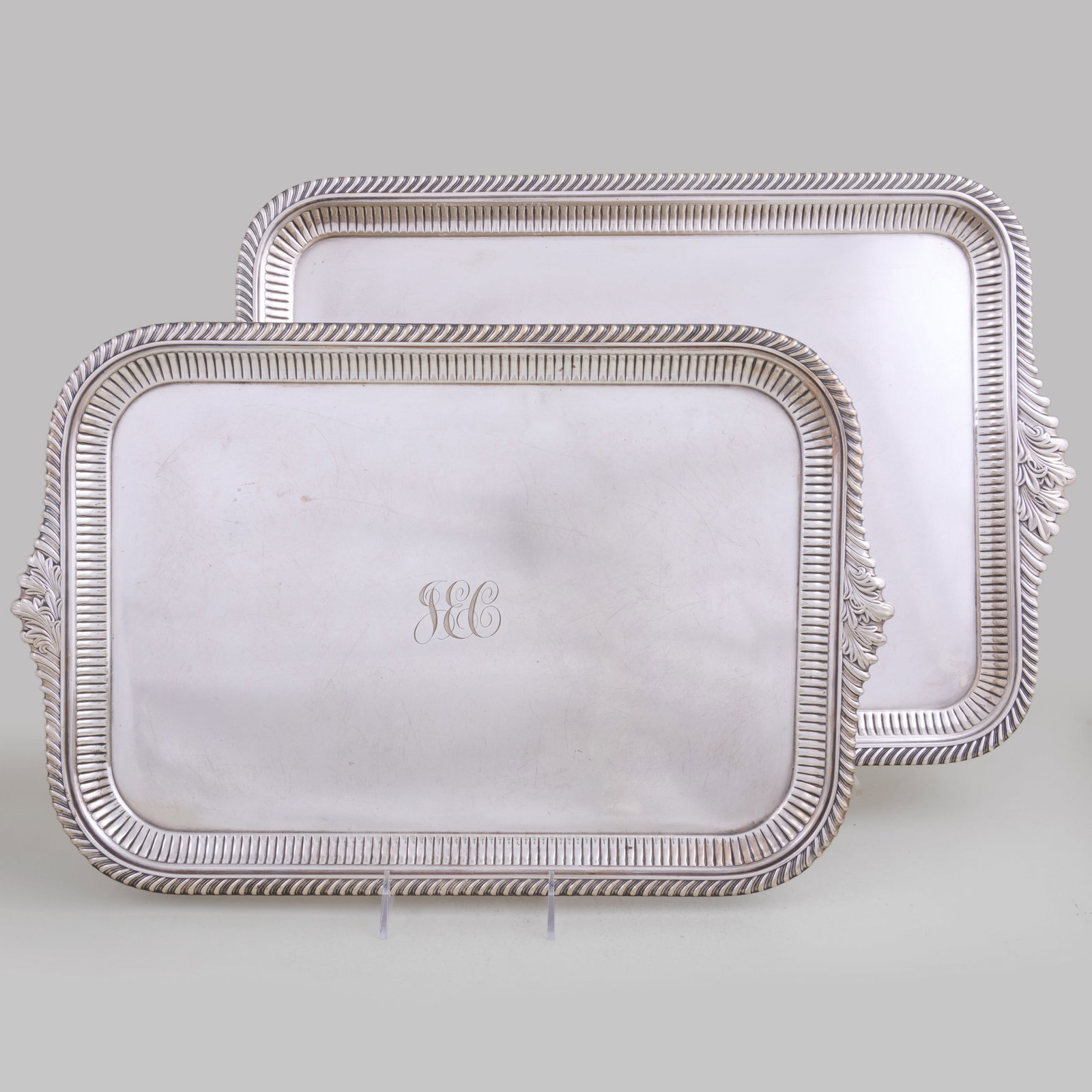Two Gorham Silver Plate Rectangular Monogrammed Serving Trays: Two Gorham Silver Plate Rectangular Monogrammed Serving Trays The larger 15 x 22 1/4 in., the smaller 12 3/4 x 19 3/4 in. Property from the Munson Museum of Art, Utica, NY, Sold to Benefit the Acquisi