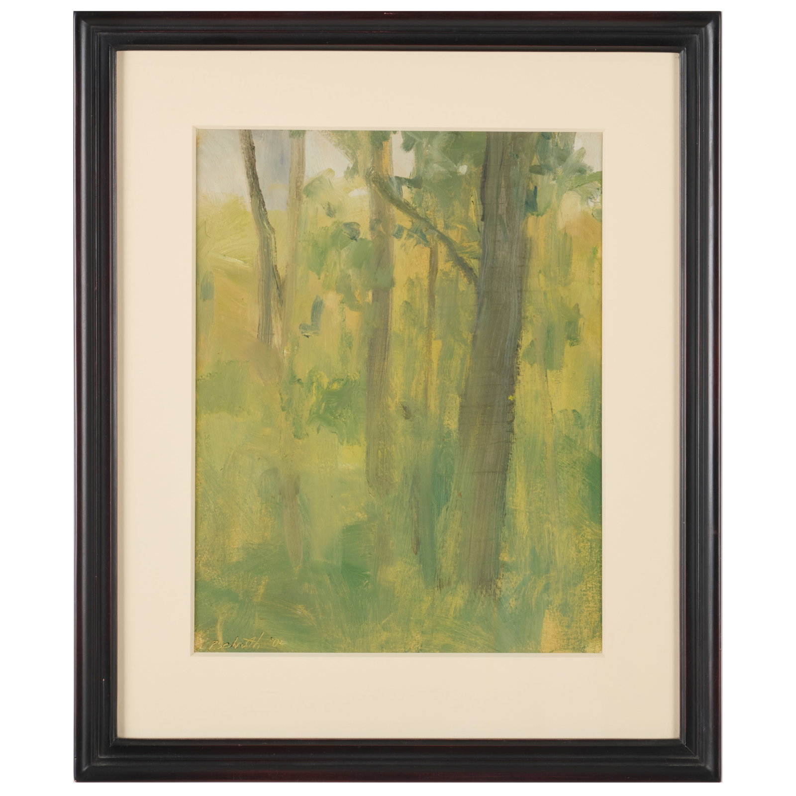 Peter Schroth (b. 1955): Trees: Peter Schroth (b. 1955): Trees Oil on paper, 2002, signed 'P. Schroth' and dated lower left, inscribed 'To Simon with best wishes from Peter' on the reverse. 15 x 12 in. (sheet), 20 x 16 3/4 in. (fram