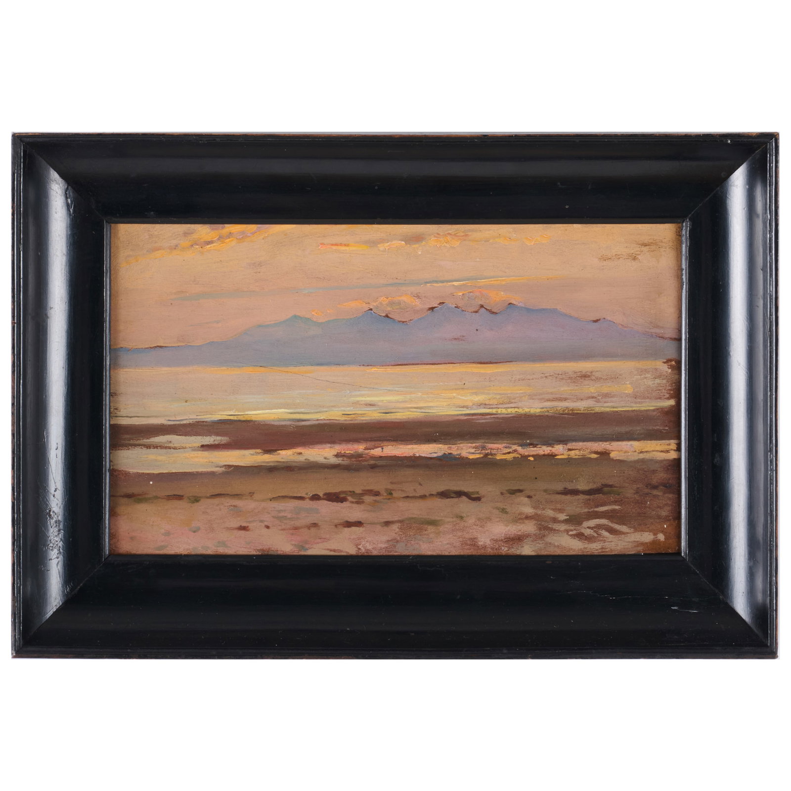 20th Century School: Mountain Across the Shore: 20th Century School: Mountain Across the Shore Oil on board, unsigned, with an old paper label on the reverse. 6 x 10 in., 8 1/2 x 12 1/2 in. (frame). The Collection of Simon Parkes.