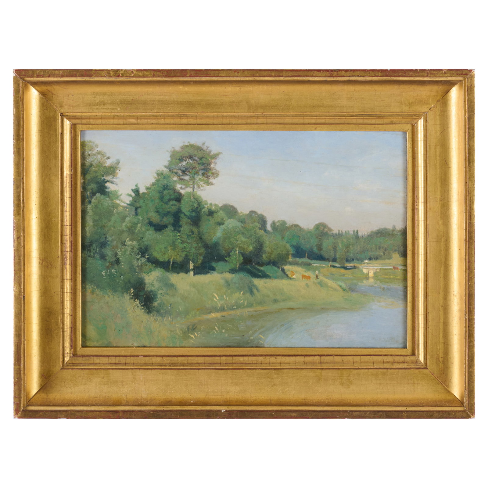 European School: Pastoral Scene with Cows by the River: European School: Pastoral Scene with Cows by the River Oil on panel, unsigned, with a partial and indistinct wax seal on the reverse. 8 3/4 x 13 in., 13 x 17 in. (frame). The Collection of Simon Parke