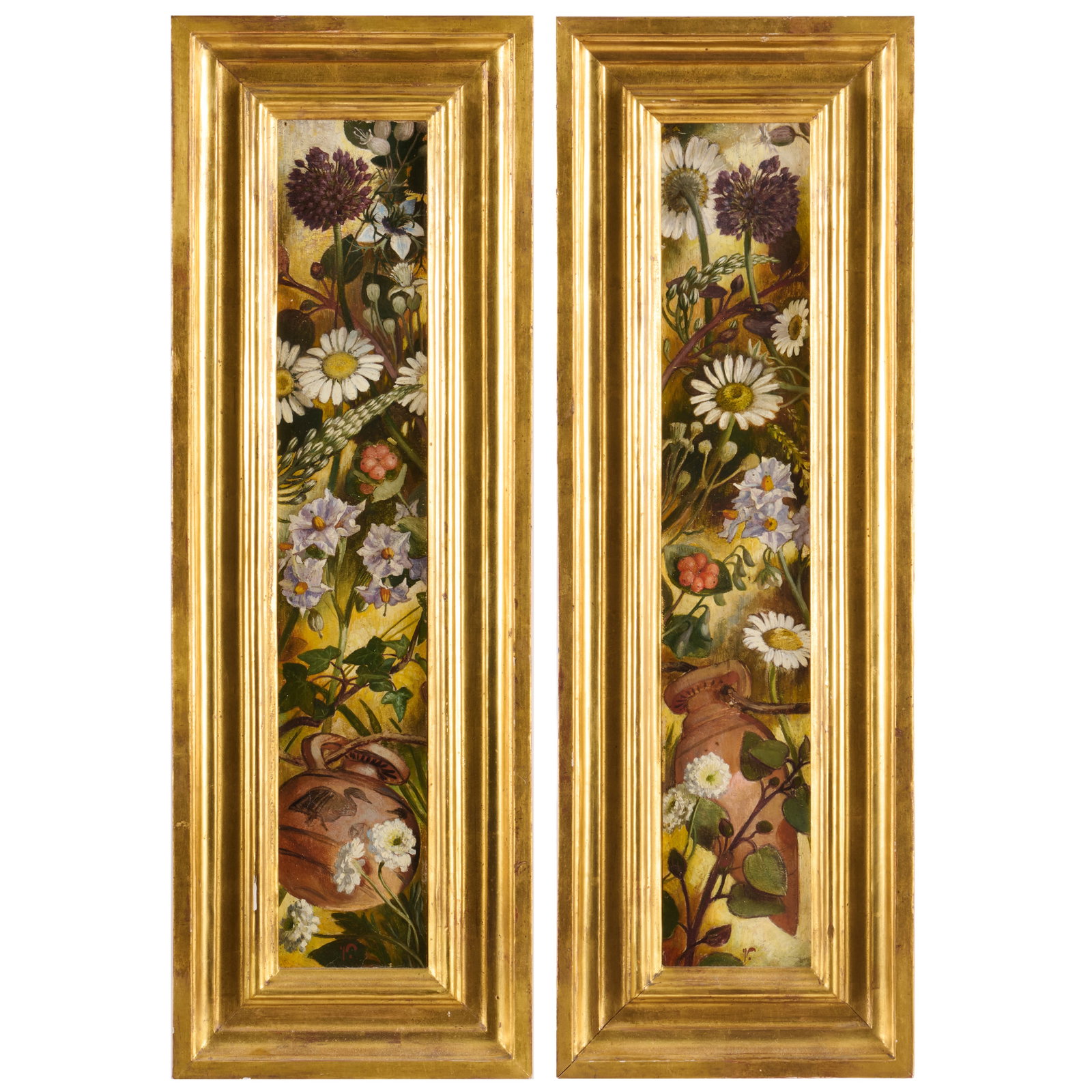 Elihu Vedder (1836-1923): Wildflowers and Greek Vases: A Pair: Elihu Vedder (1836-1923): Wildflowers and Greek Vases: A Pair Two oil on cardboard mounted on panel, 1880, both signed with the initial 'V' lower center, signed 'Elihu Vedder' and dated on the reverse