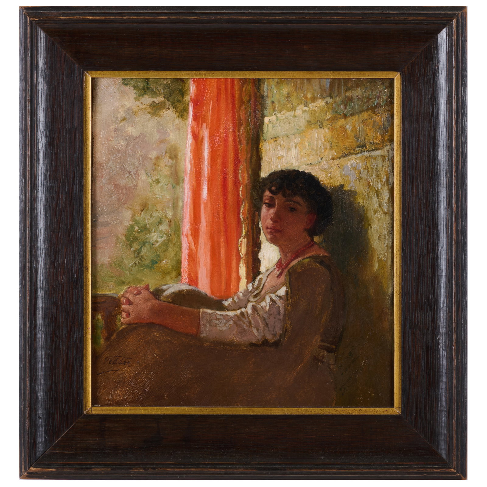 Elihu Vedder (1836-1923): Seated Girl with a Red Curtain: Elihu Vedder (1836-1923): Seated Girl with a Red Curtain Oil on board, signed 'Vedder' lower left, with label from Questroyal Fine Art, NY. 9 x 8 1/4 in., 12 3/4 x 12 in. (frame). Exhibited