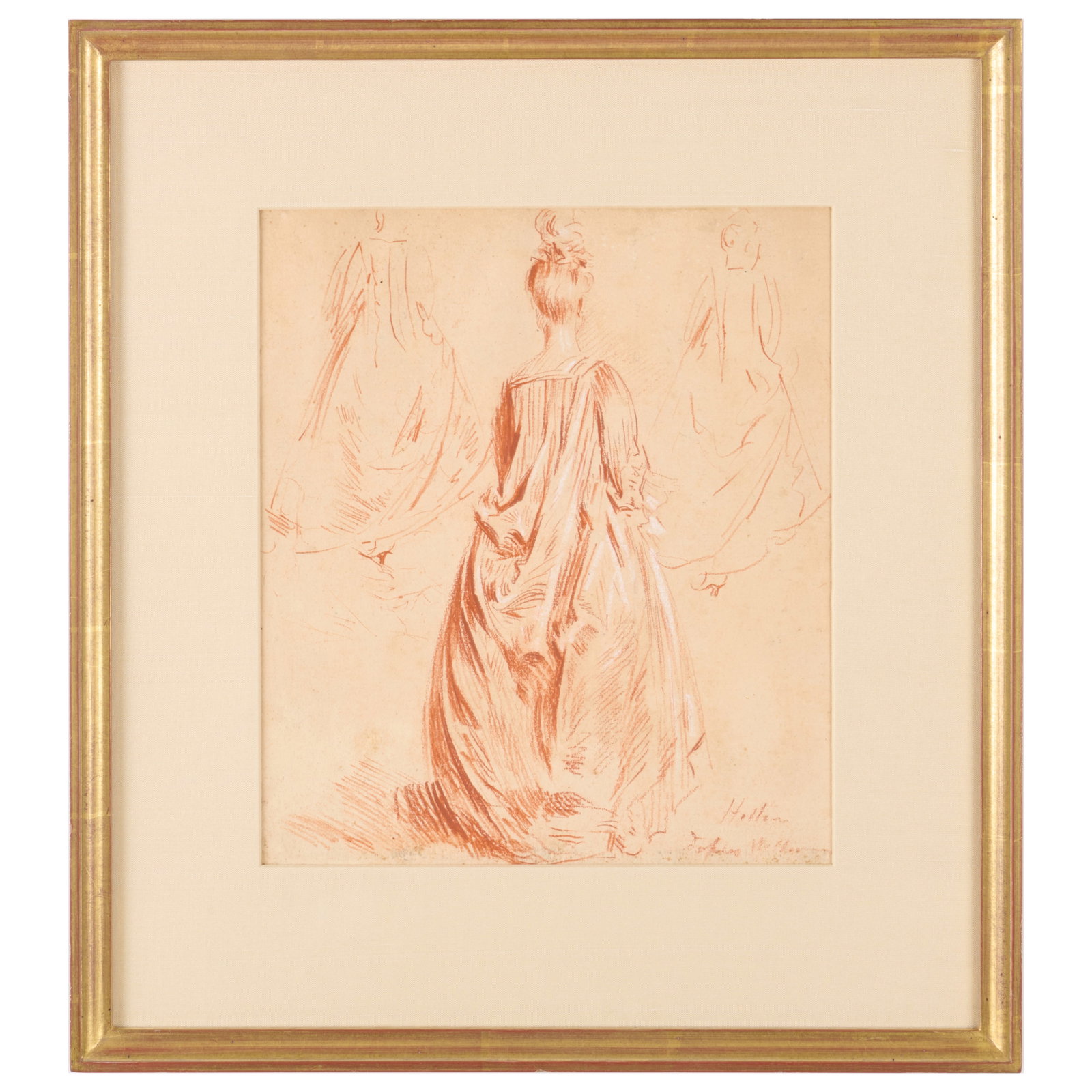 Paul Cesar Helleu (1859-1927): Etudes d'apres Watteau: Paul Cesar Helleu (1859-1927): Etudes d'apres Watteau Red and white chalk on paper, signed 'Helleu' and indistinctly inscribed lower right. 10 5/8 x 9 1/4 in., 16 3/4 x 15 in. (frame). T