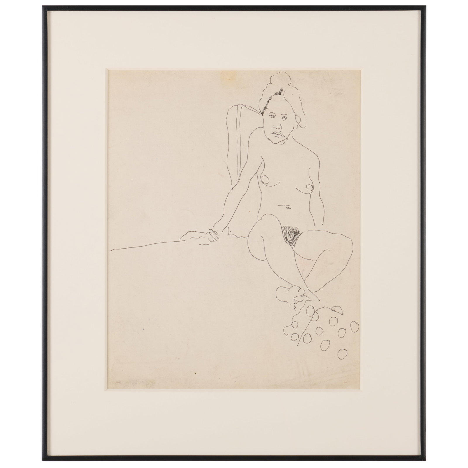 Attributed to Bob Thompson (1937-1966): Nude Figure: Attributed to Bob Thompson (1937-1966): Nude Figure Ink on paper, unsigned. 13 1/2 x 10 1/2 in. (sheet), 18 x 15 1/2 in. (frame). Bookstein Projects, NY.The Collection of Simon Parkes.