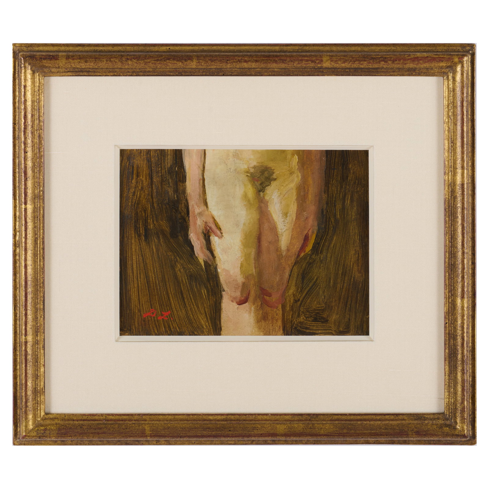 David Levine (1926-2009): Nude (Waist to Knee): David Levine (1926-2009): Nude (Waist to Knee) Oil on paper, signed with initials 'DL' lower left. 4 1/2 x 6 in. (sight), 9 1/2 x 11 in. (frame). The Collection of Simon Parkes.