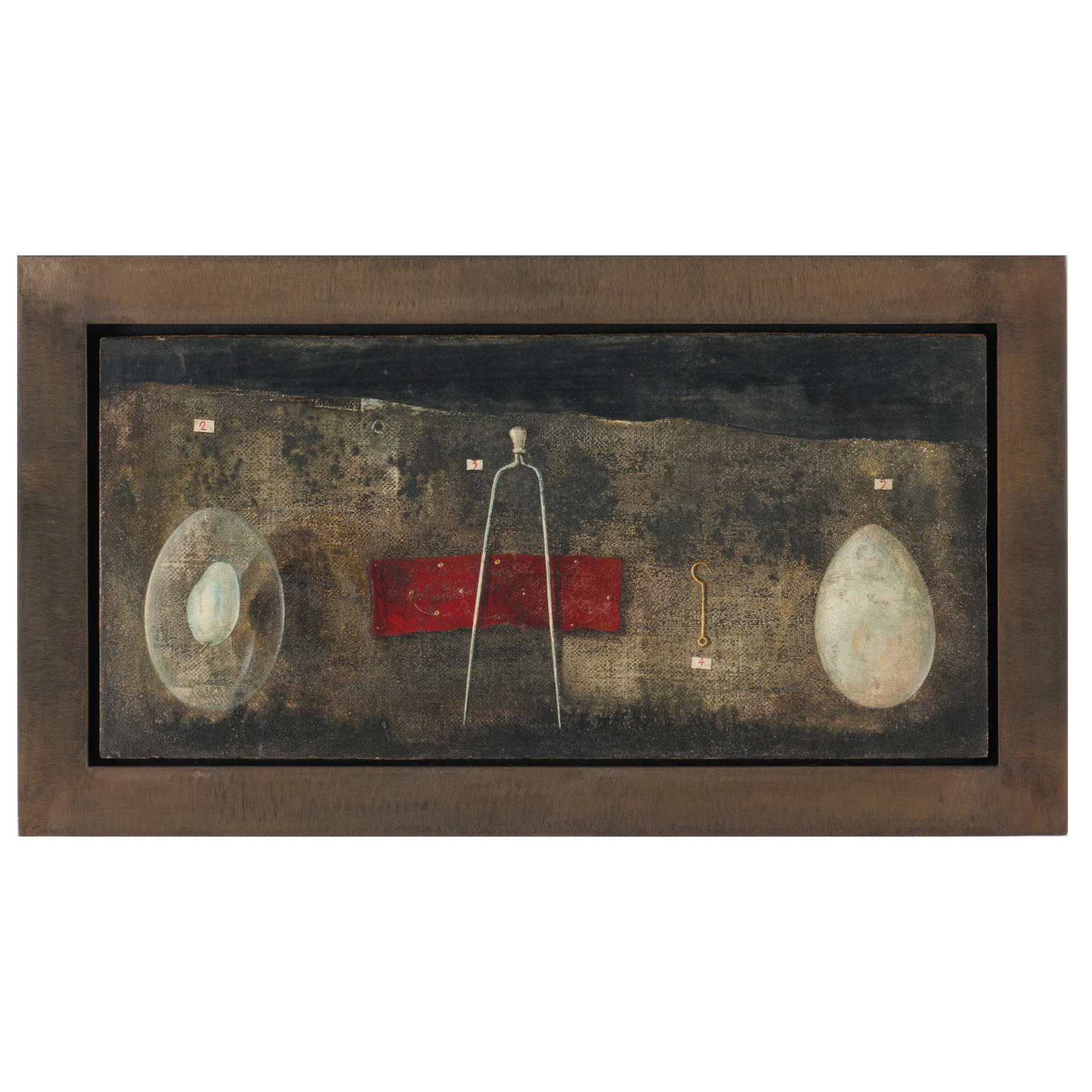 Armodio (b. 1938): Arnesi per Gioco Magico: Armodio (b. 1938): Arnesi per Gioco Magico Oil on board, 1964, unsigned. 7 1/2 x 15 3/4 in., 10 1/4 x 18 1/2 in. (frame). Sold Doyle, NY, November 18, 2014, Lot 25.The Collection of Simon Parkes.