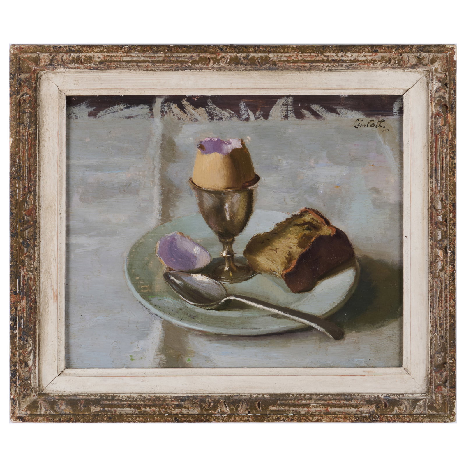 Edward Lintott (1875-1951): The Egg: Edward Lintott (1875-1951): The Egg Oil on board, signed 'Lintott' upper right, variously inscribed in another hand on the reverse, with label from Lawrence Rill Schumann Art Foundation, Boston. 8 1/2