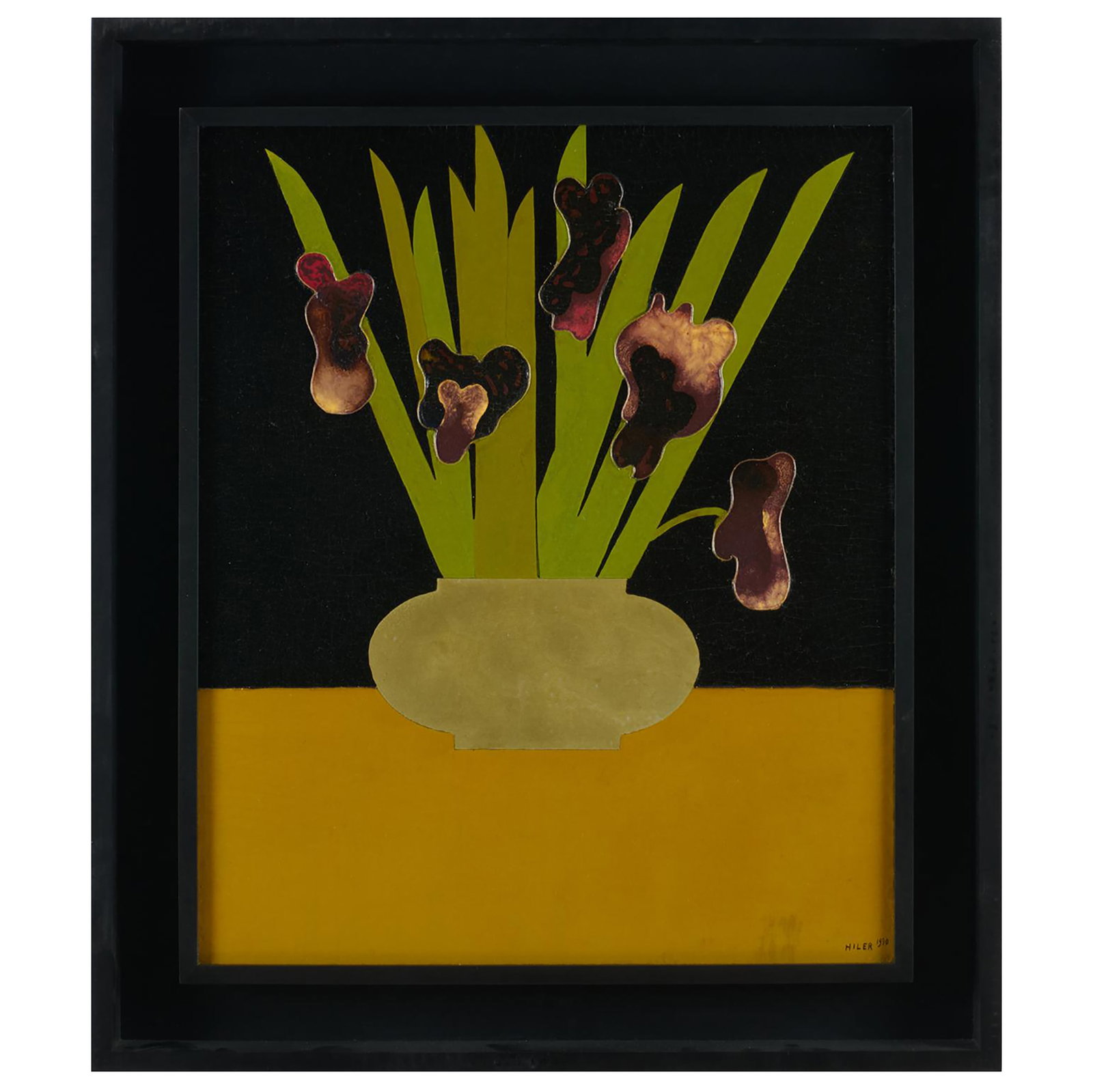 Hilaire Hiler (1898-1966): Iris: Hilaire Hiler (1898-1966): Iris Mixed media on board, 1930, signed 'Hiler' and dated lower right, inscribed 'Iris' and 'Nitro cellulose' and with a partial painting on the reverse. 23 1/4 x 19 1/4