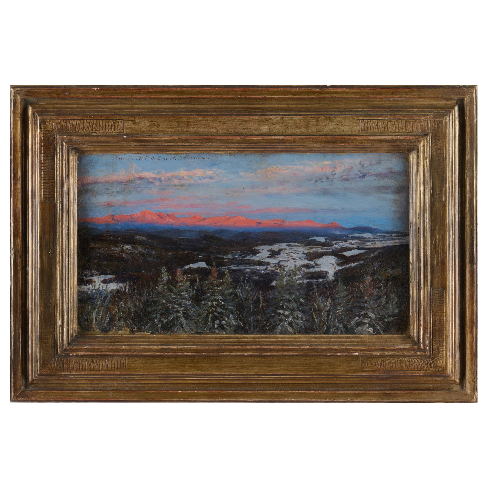 Attributed to Sebastien Cruset (1859-1943): Sunset in the Adirondaks: Attributed to Sebastien Cruset (1859-1943): Sunset in the Adirondaks Oil on canvas, 1915, unsigned, dated and inscribed 'South Crest, Adirondacks' upper left, lined. 8 x 14 in., 13 x 19 1/4 in.