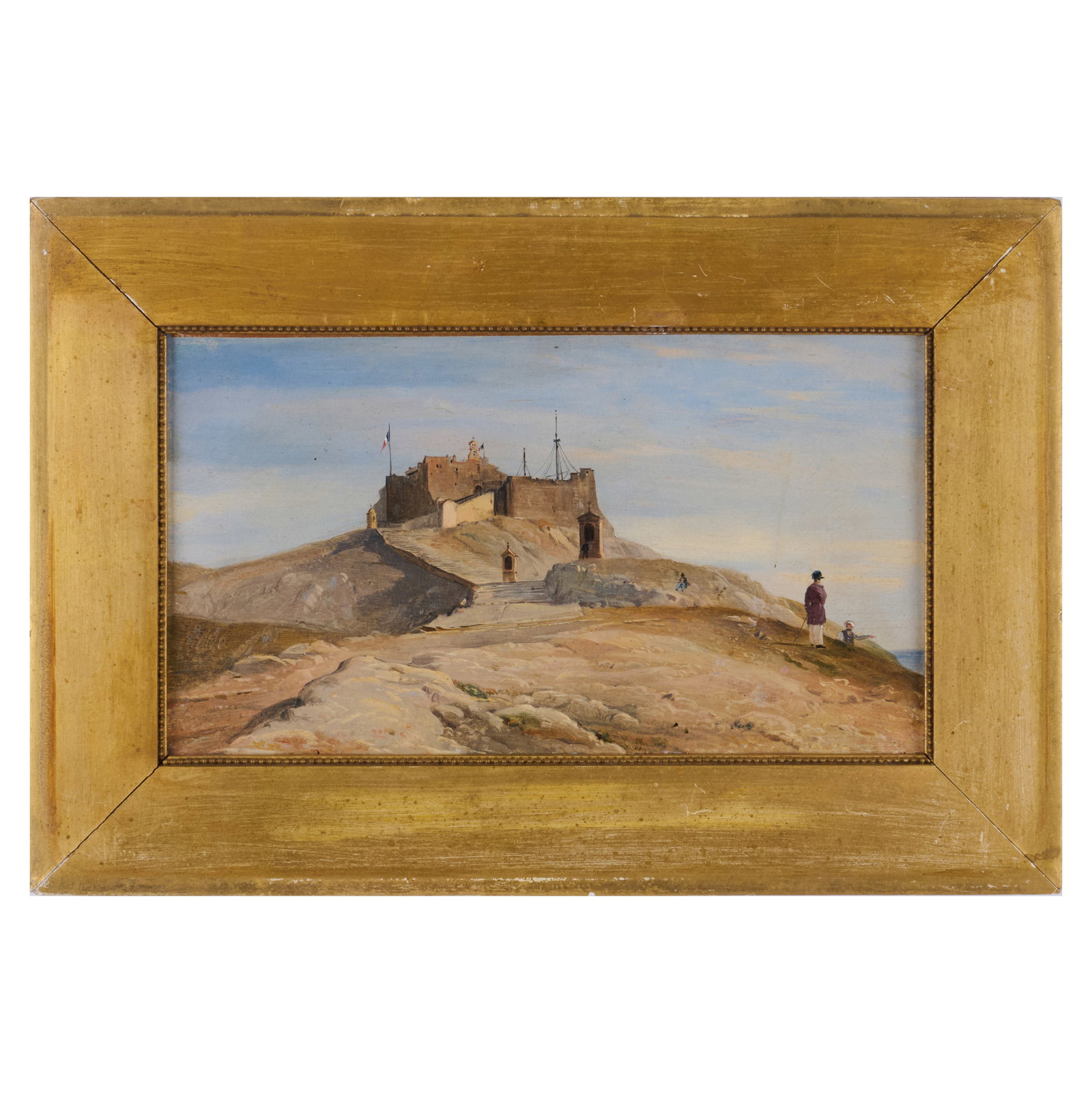 French School: View of a Coastal Fort: French School: View of a Coastal Fort Oil on canvas, unsigned, lined. 6 1/4 x 11 in., 9 1/2 x 14 1/2 in. (frame). The Collection of Simon Parkes.