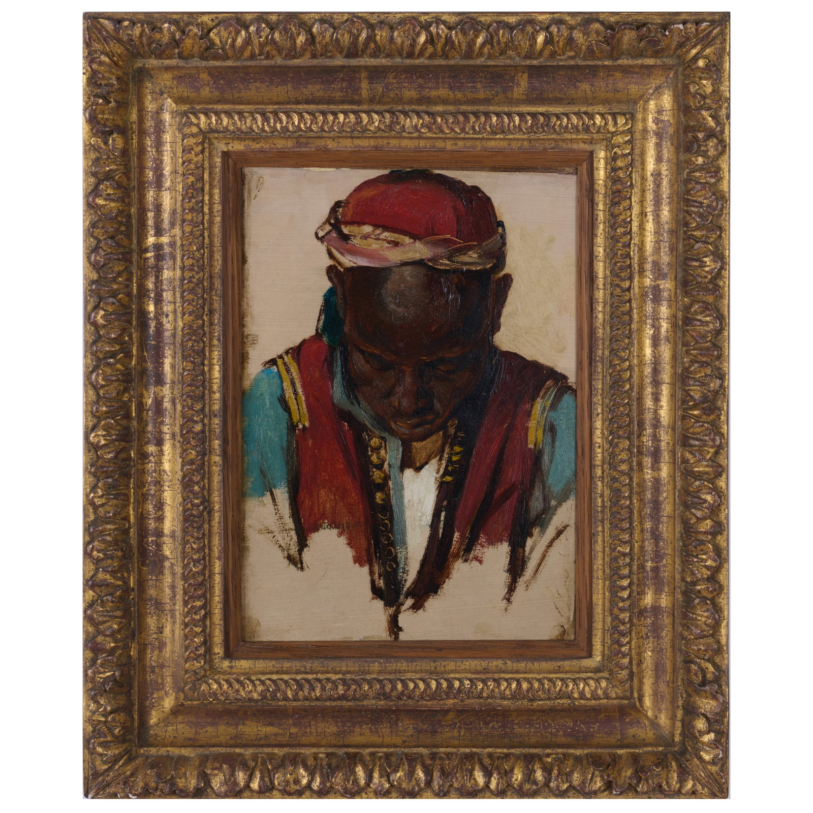 Attributed Charles Bargue (1825-1883): Bust Length Study of a Soldier Looking Downward: Attributed Charles Bargue (1825-1883): Bust Length Study of a Soldier Looking Downward Oil on paper mounted on paperboard, signed with initial 'B' upper left, with label from W. M. Brady & Co., Inc.,